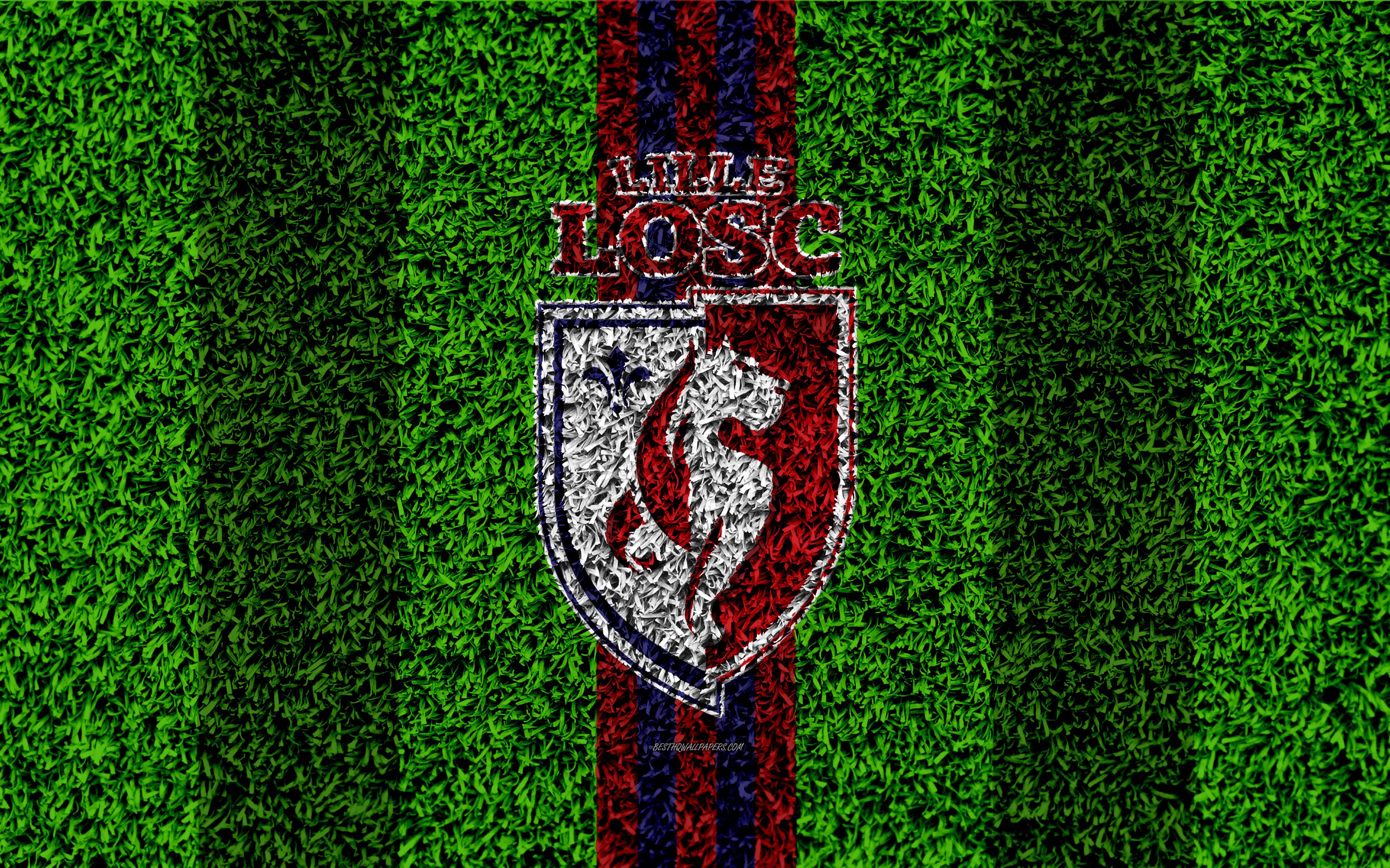 Download wallpaper Lille OSC, 4k, football lawn, logo, French