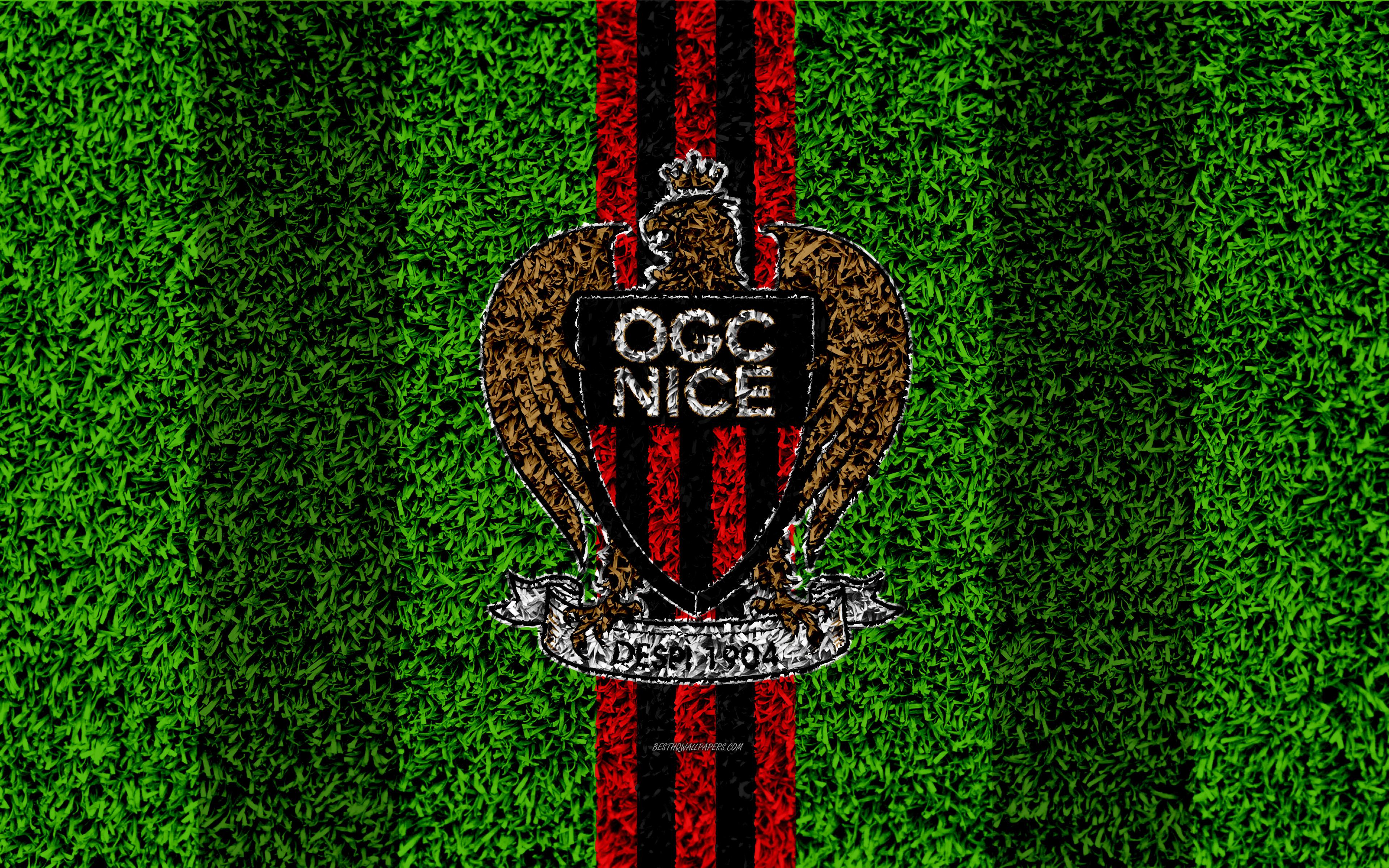 Download wallpaper OGC Nice, 4k, football lawn, logo, French