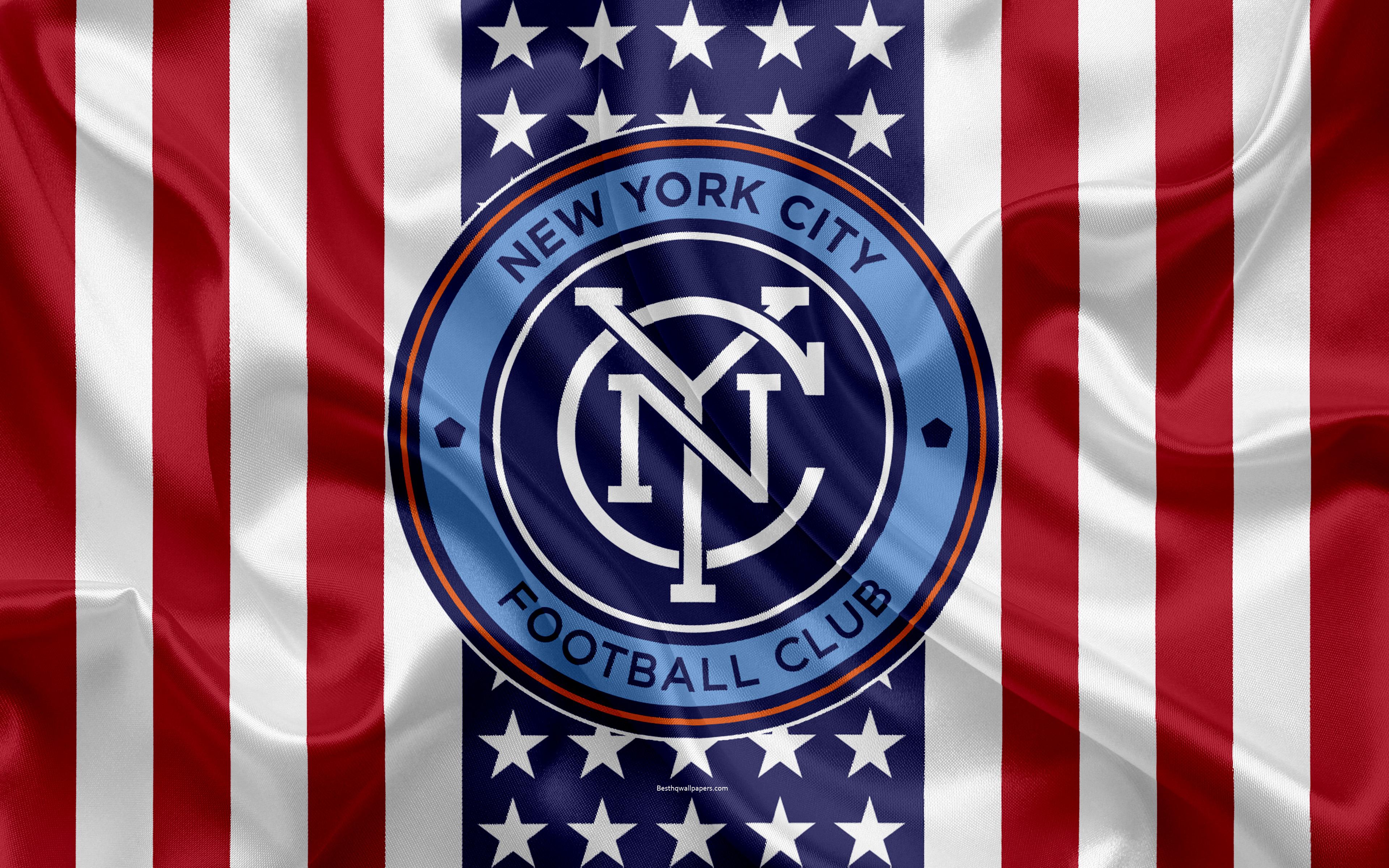 Download wallpaper New York City FC, 4k, logo, silk texture, American flag, emblem, football club, MLS, New York, USA, Major League Soccer, Eastern conference for desktop with resolution 3840x2400. High Quality HD
