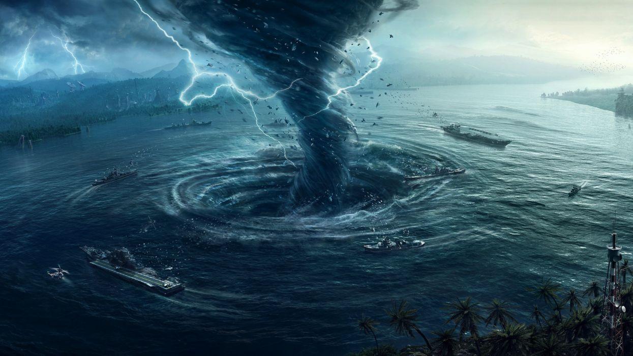 Ships water tornado lightning 3D graphics wallpaperx1440