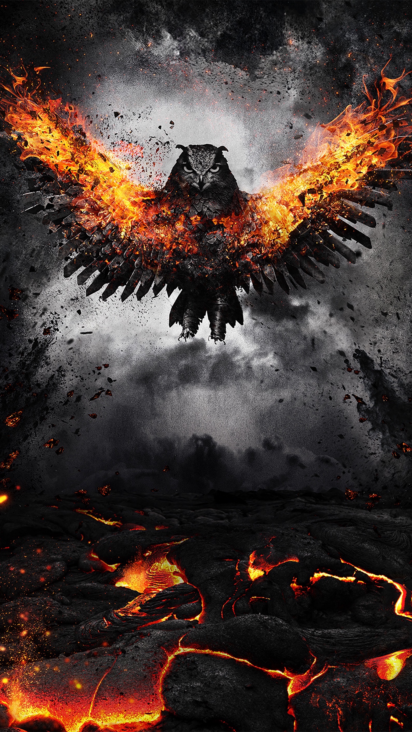 Download wallpaper 1350x2400 owl, bird, fire, wings, flap iphone