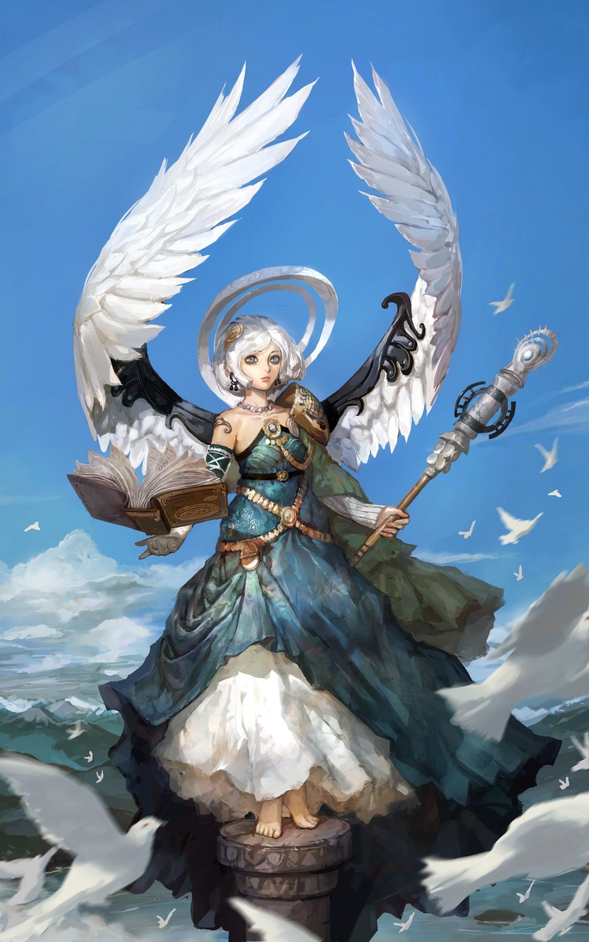 Download 1200x1920 White Angel, Wings, Staff, Spell Book, Dress