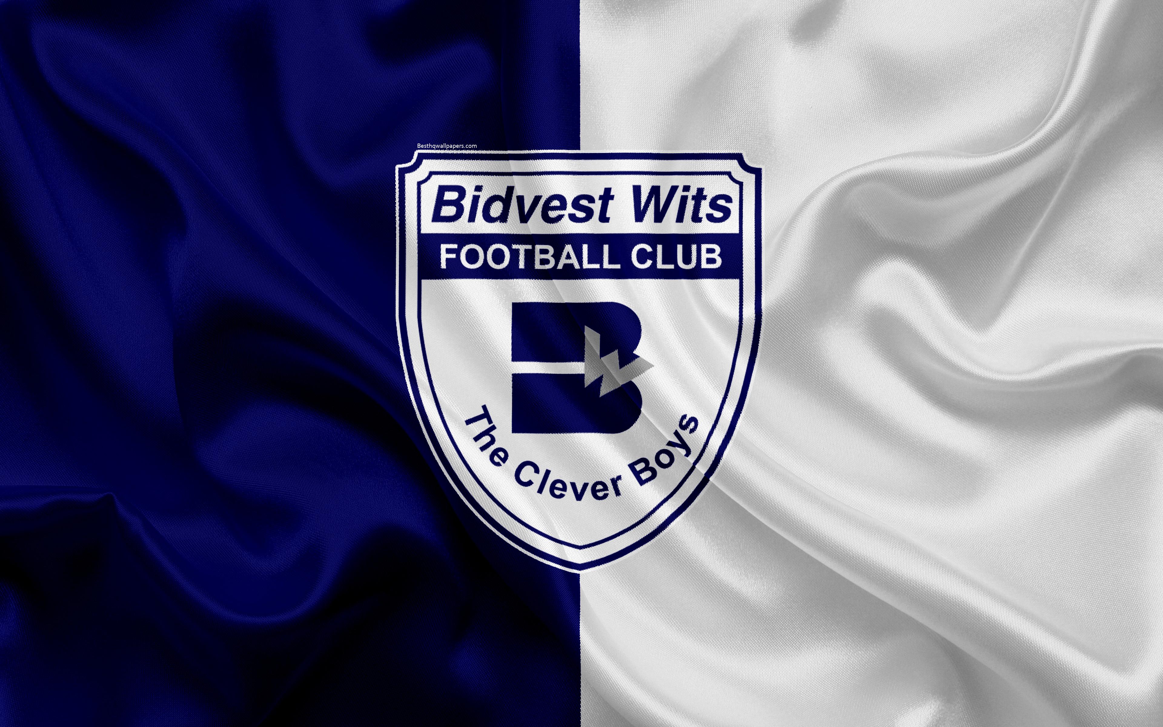 Download wallpaper Bidvest Wits FC, 4k, logo, blue white silk flag