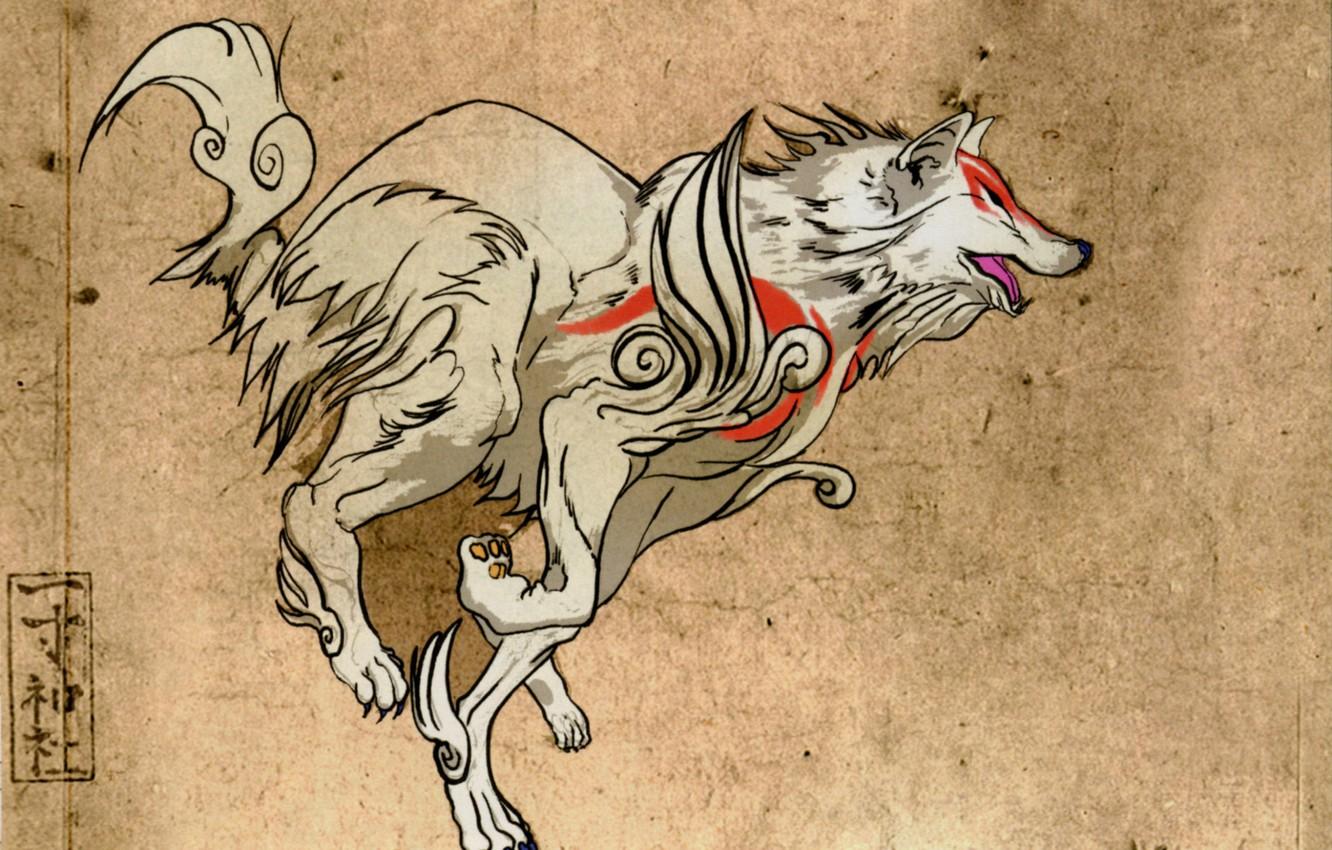 Wallpaper jump, figure, wolf, grey background, deity, Okami