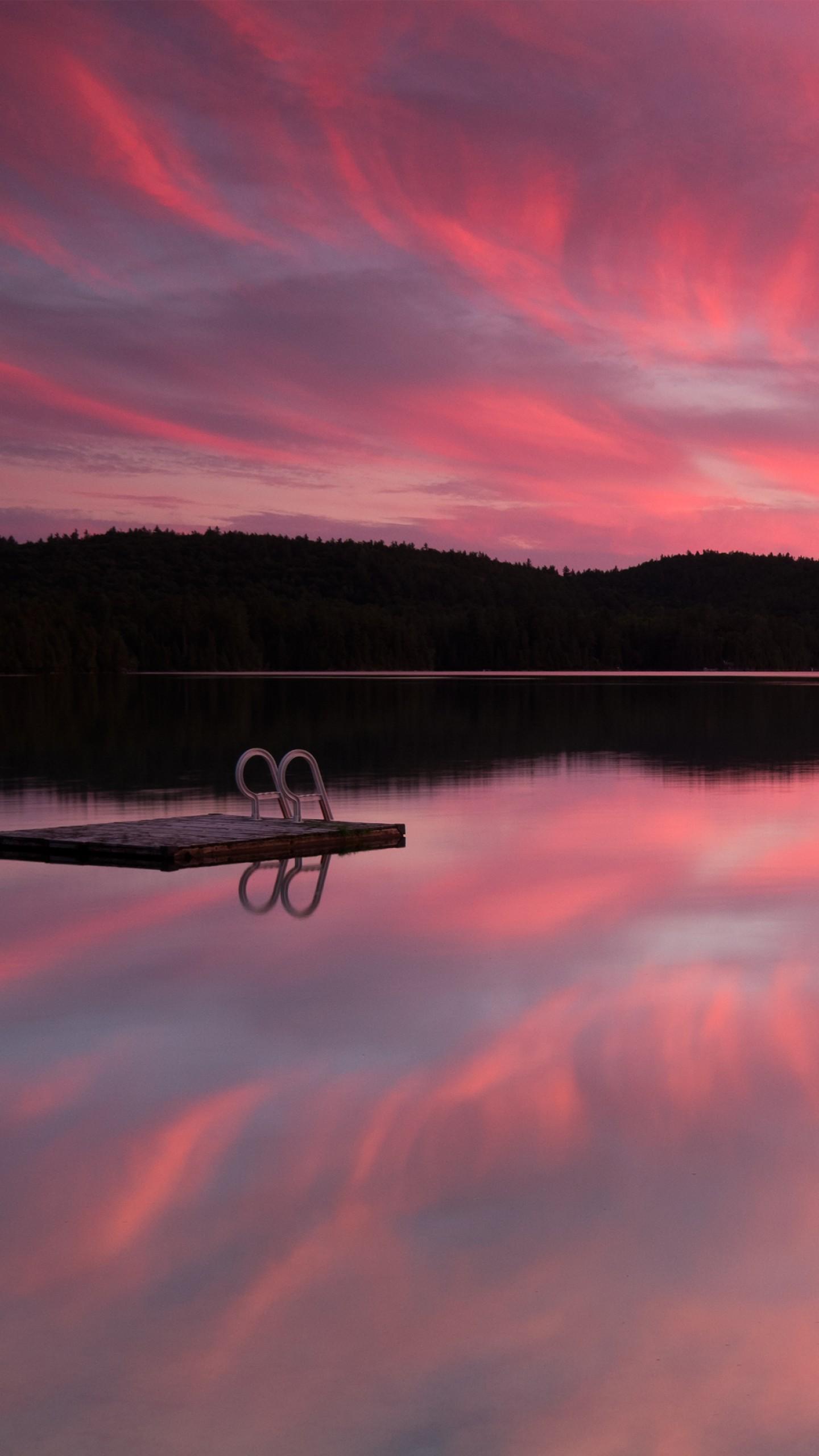 Wallpaper Lake, 4k, HD wallpaper, sea, pink sunset, sunrise, reflection, sky, clouds, water, OS