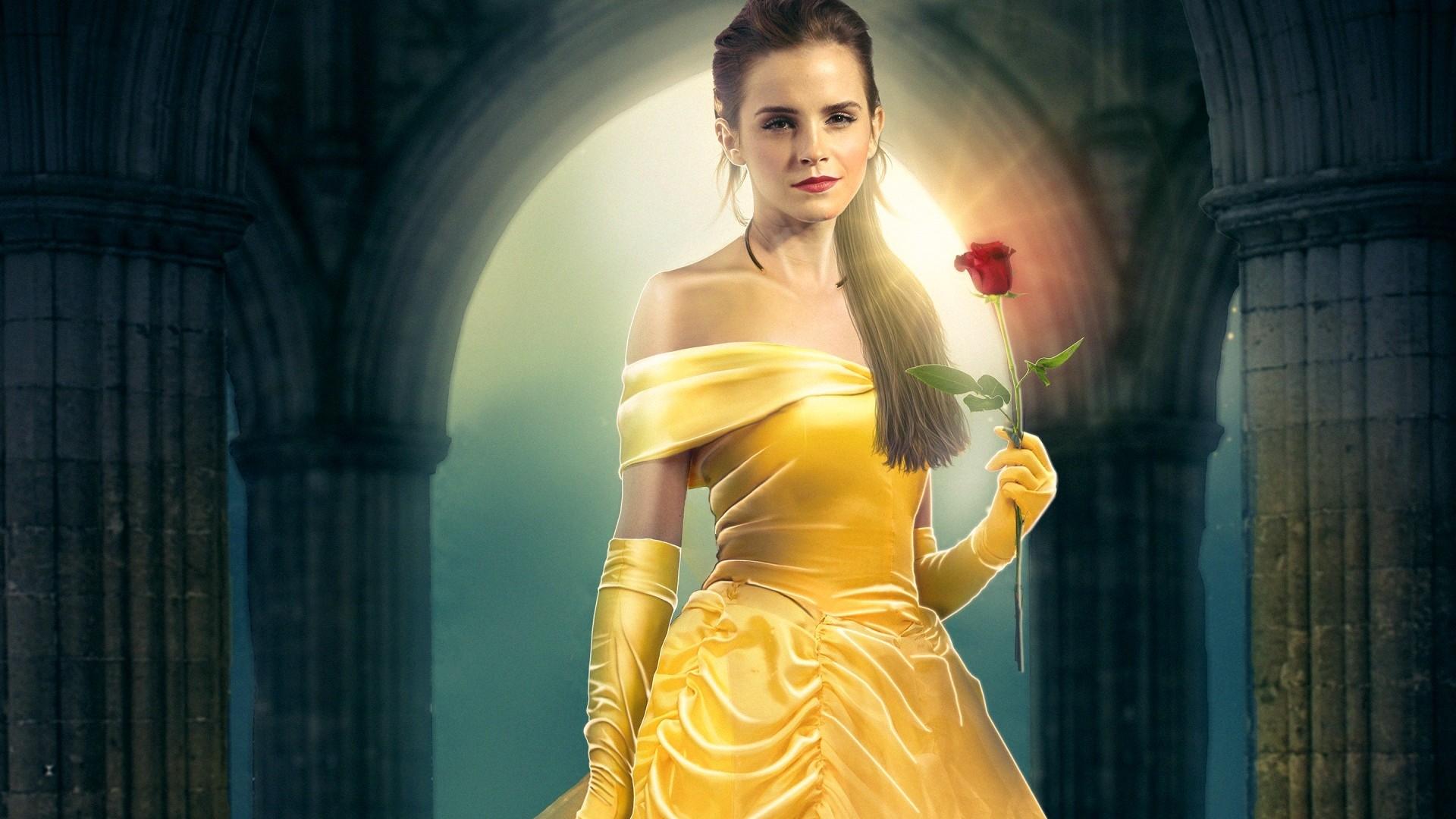 Emma Watson As Belle In Beauty And The Beast Holding Rose Wallpaper