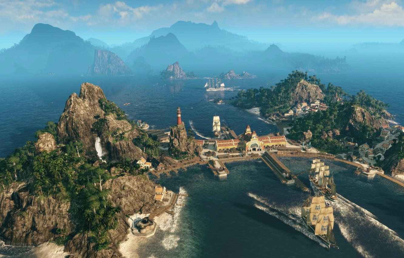 Wallpaper sea, mountains, ships, simulator, Gamescom Anno 1800