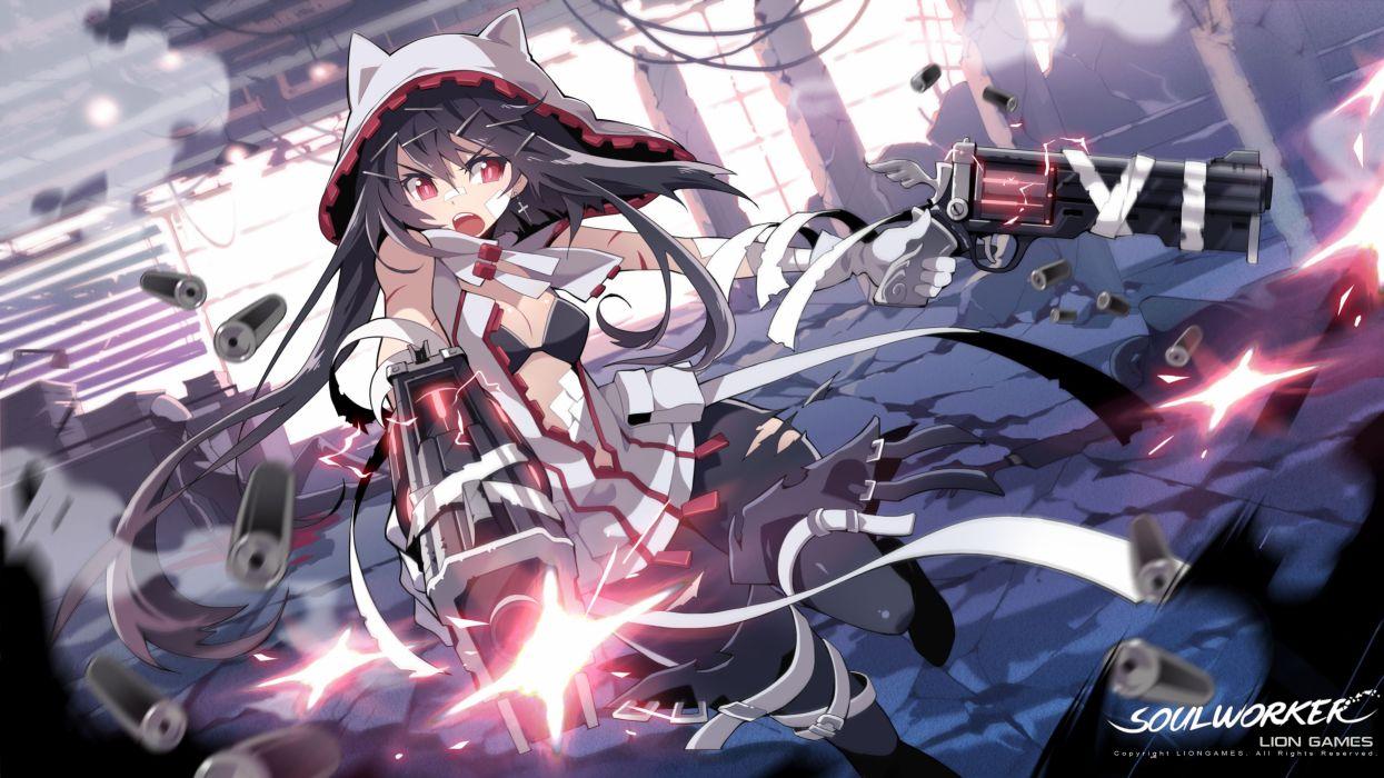 Catgirl city gun long hair red eyes ruins soul worker weapon white