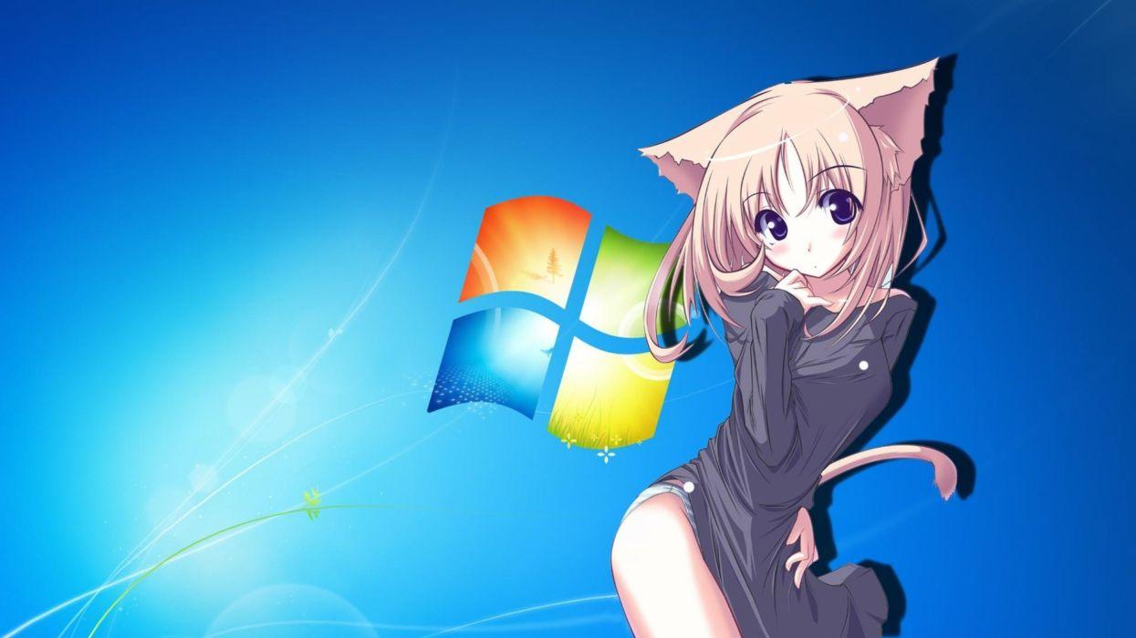 Anime cat girl with windows7 background wallpaperx1440