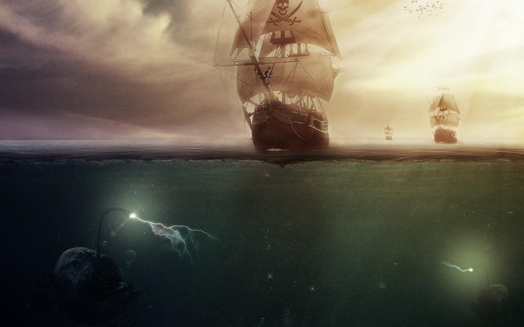 ships, pirates, angler fish wallpaper