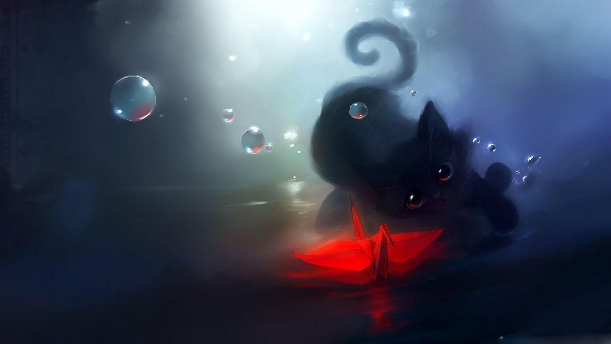 Red Origami Dark Cat Bokeh Water Painting Art Wallpaperx1080