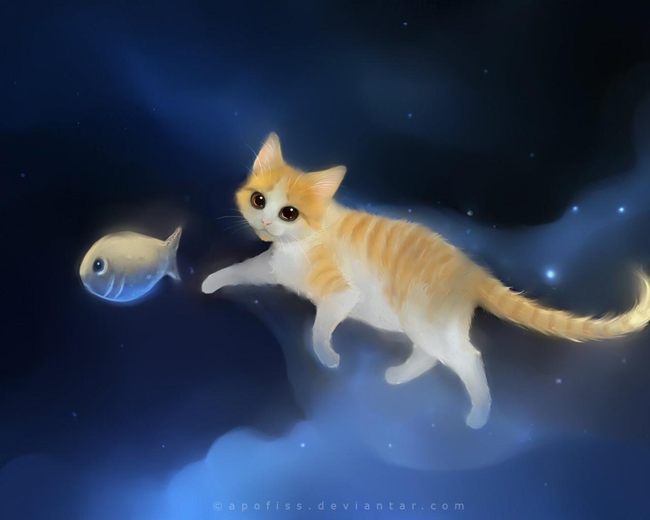 Wallpaper Cat chasing fish in the sky of painting 1920x1080 Full HD