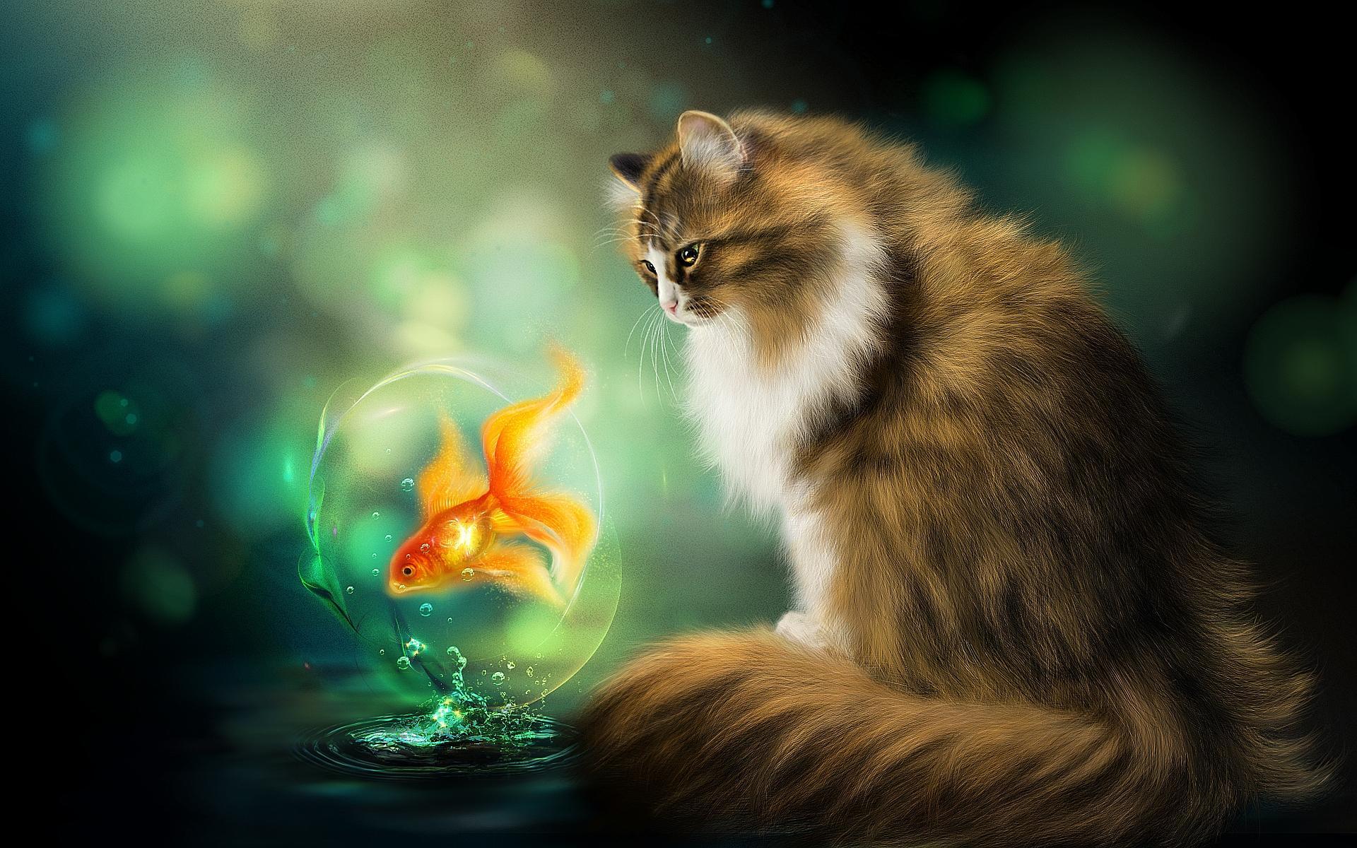 Painting of Cat and Goldfish HD Wallpaper. Background Image