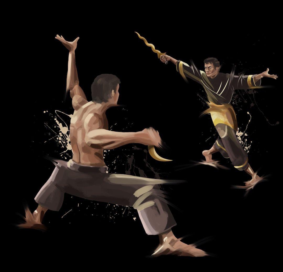 Digital drawing of 2 Pencak Silat fighters, by ILYO. Concept art
