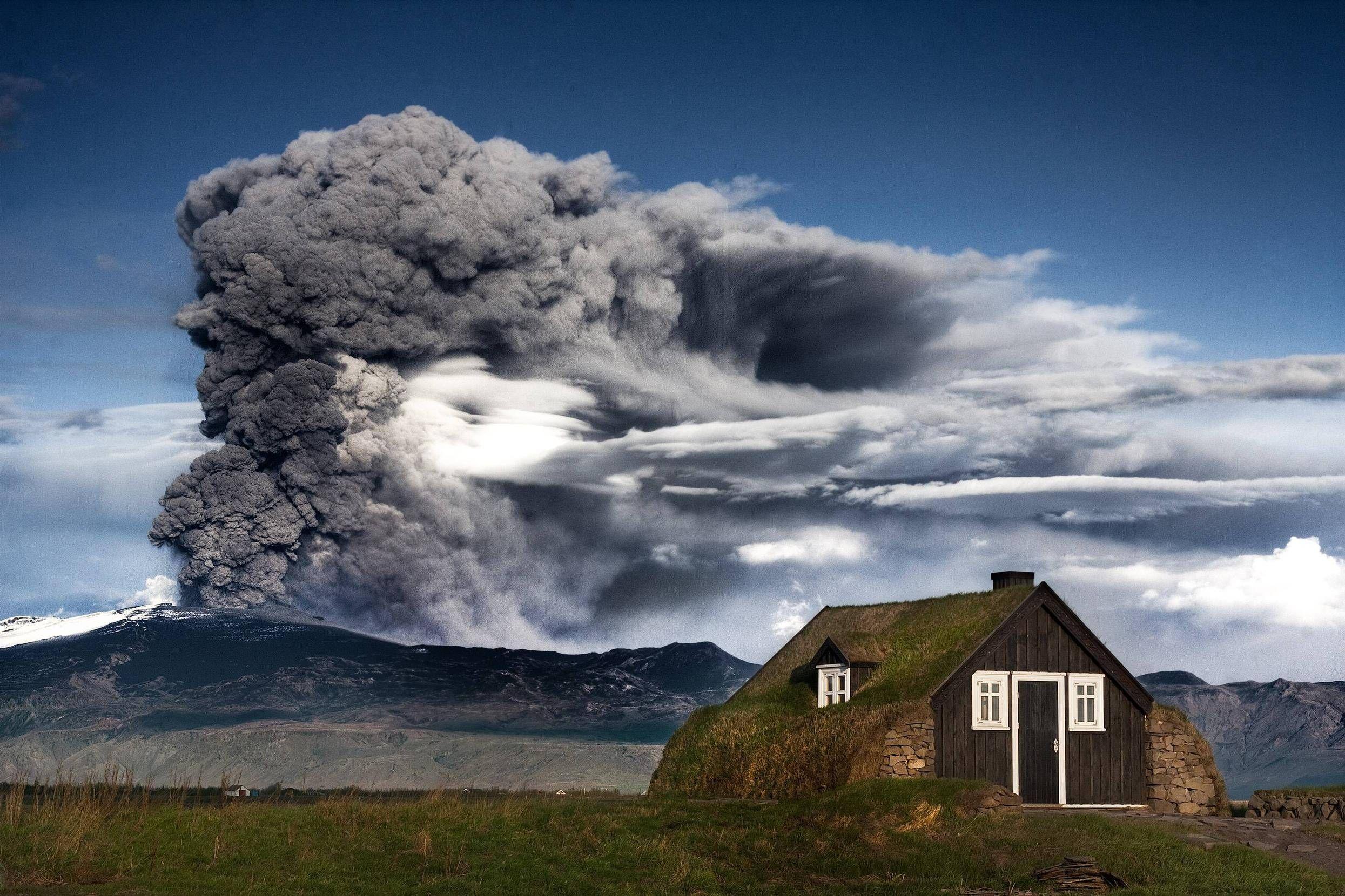 A volcanic eruption in the distance. Nature. Iceland, Volcano