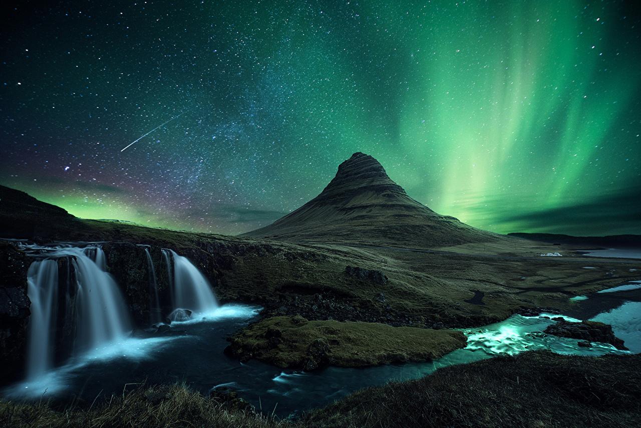 Photos Kirkjufell Stars Iceland Volcano Aurora Nature Mountains