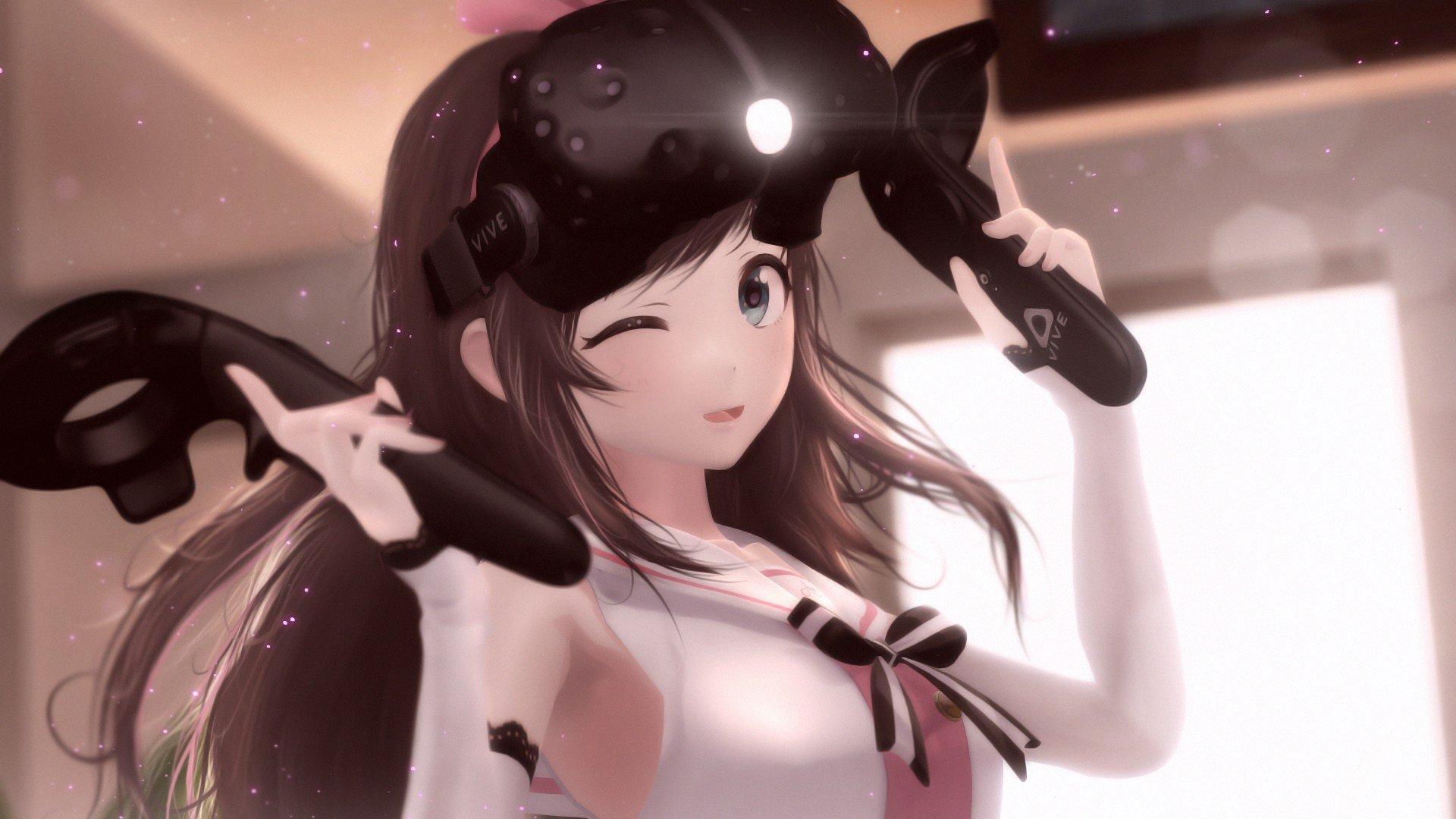 Kizuna Ai, Anime girls, 3D, VR Headset Wallpaper HD / Desktop