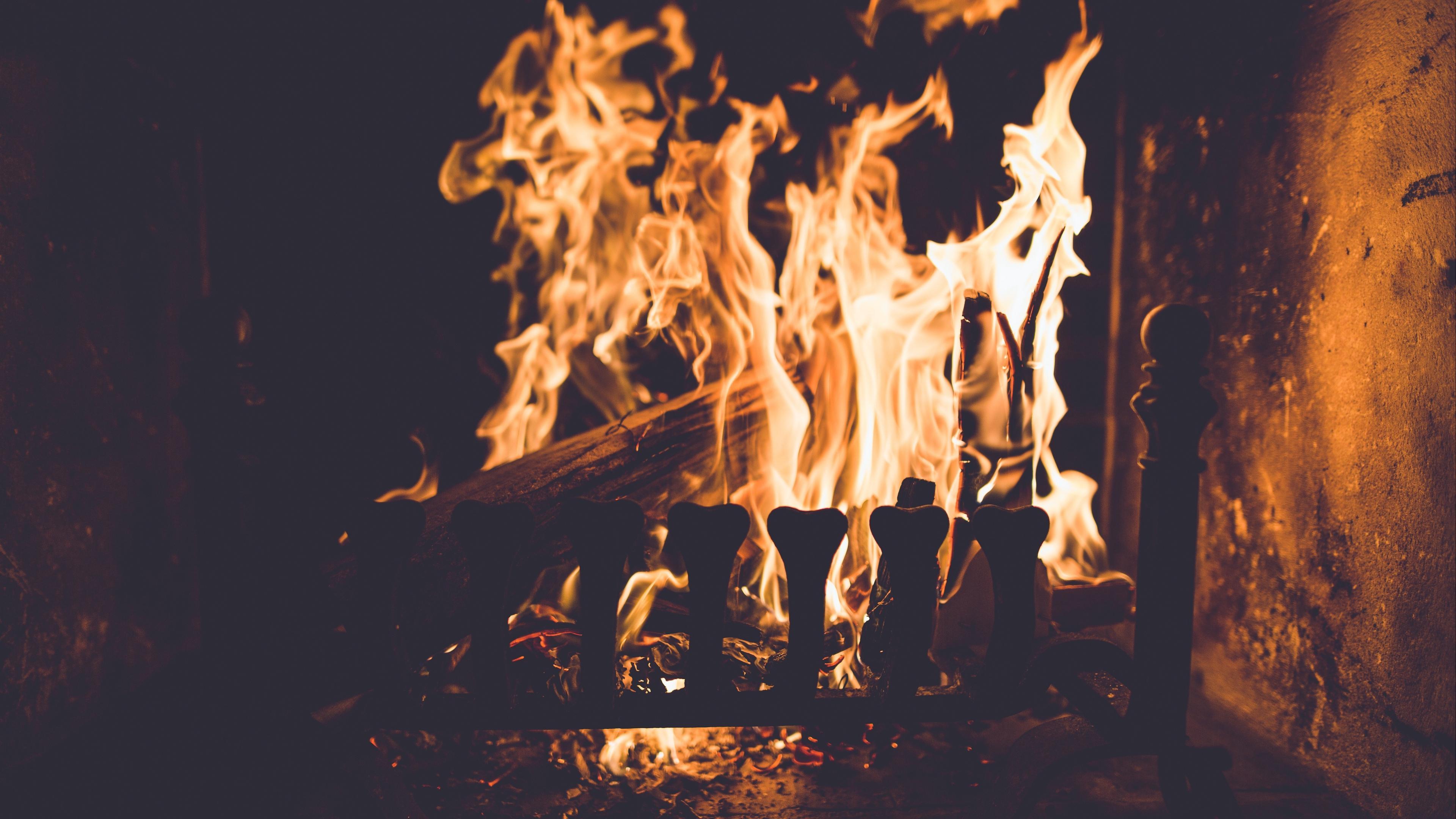 Download wallpaper 3840x2160 fireplace, fire, firewood 4k uhd 16:9