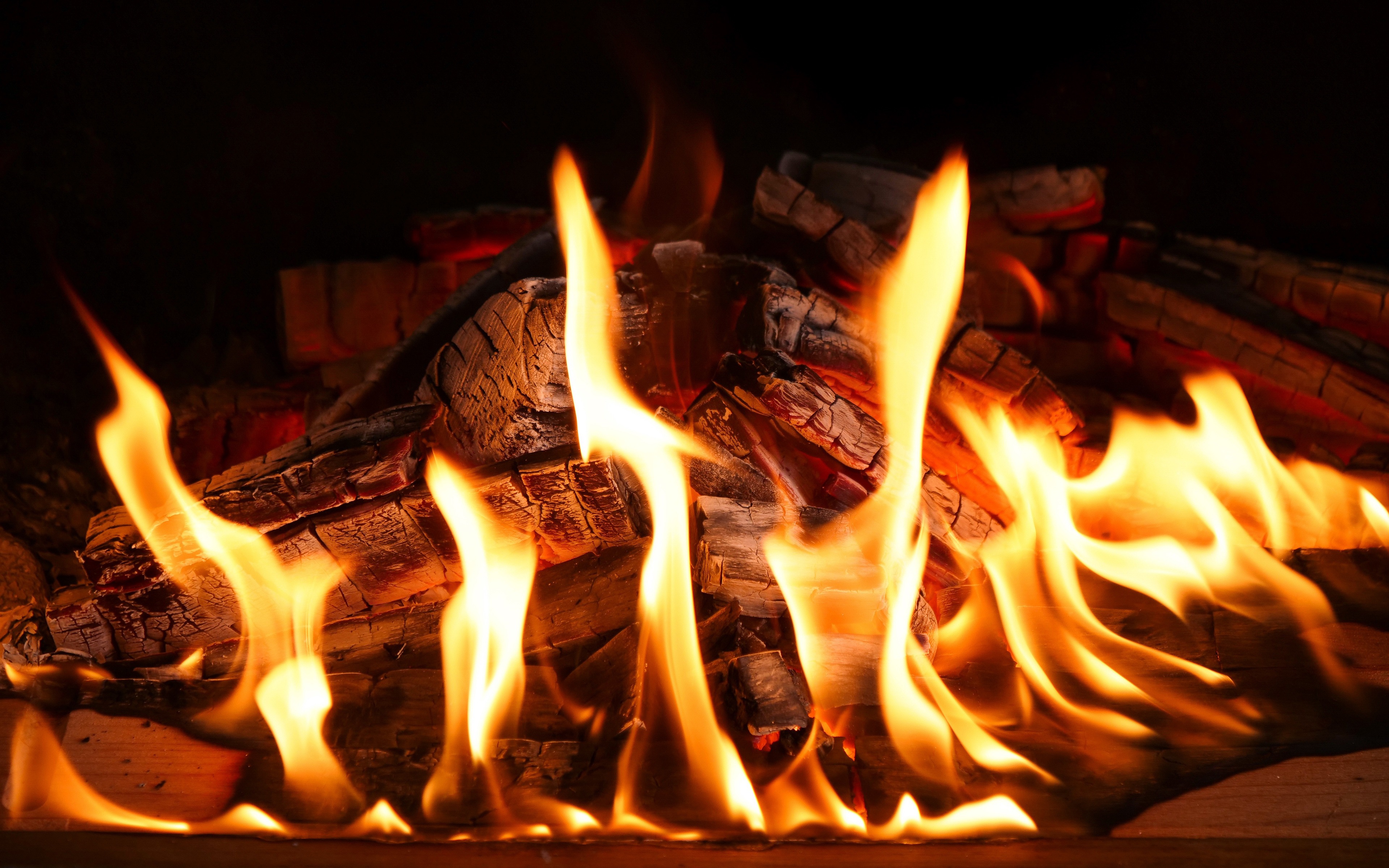 Download Wallpaper Fire, 4k, Firewood, Fireplace, Wood Charcoal, Flames, Close Up For Desktop With Resolution 3840x2400. High Quality HD Picture Wallpaper