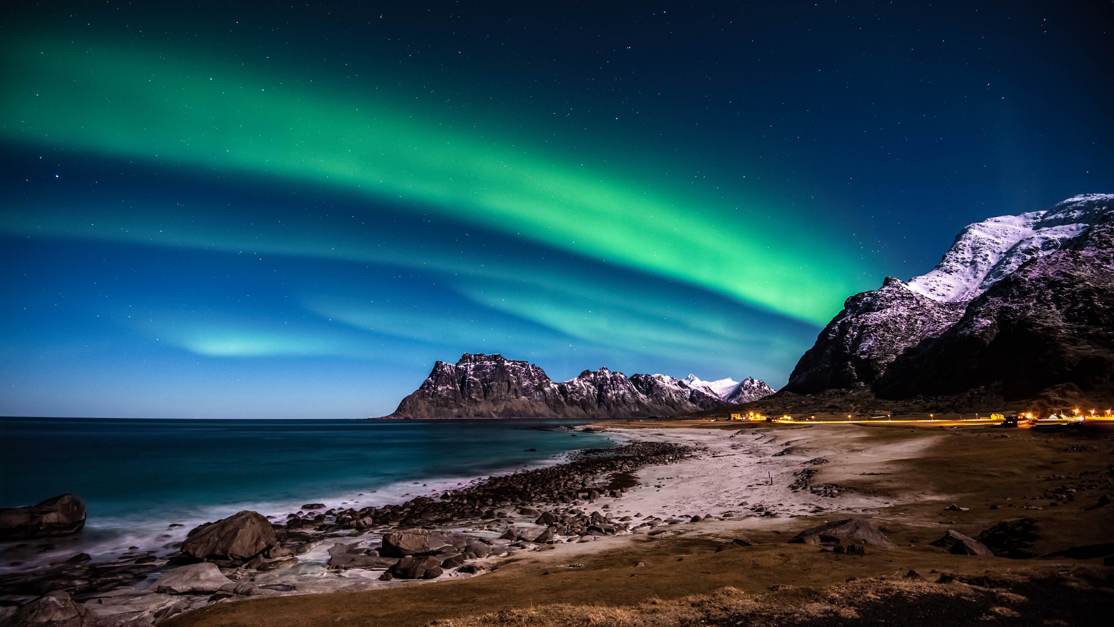 Wallpaper Norway, 5k, 4k wallpaper, HD, Lofoten islands, Mountains, sea, shore, night, northern lights, stars, Nature