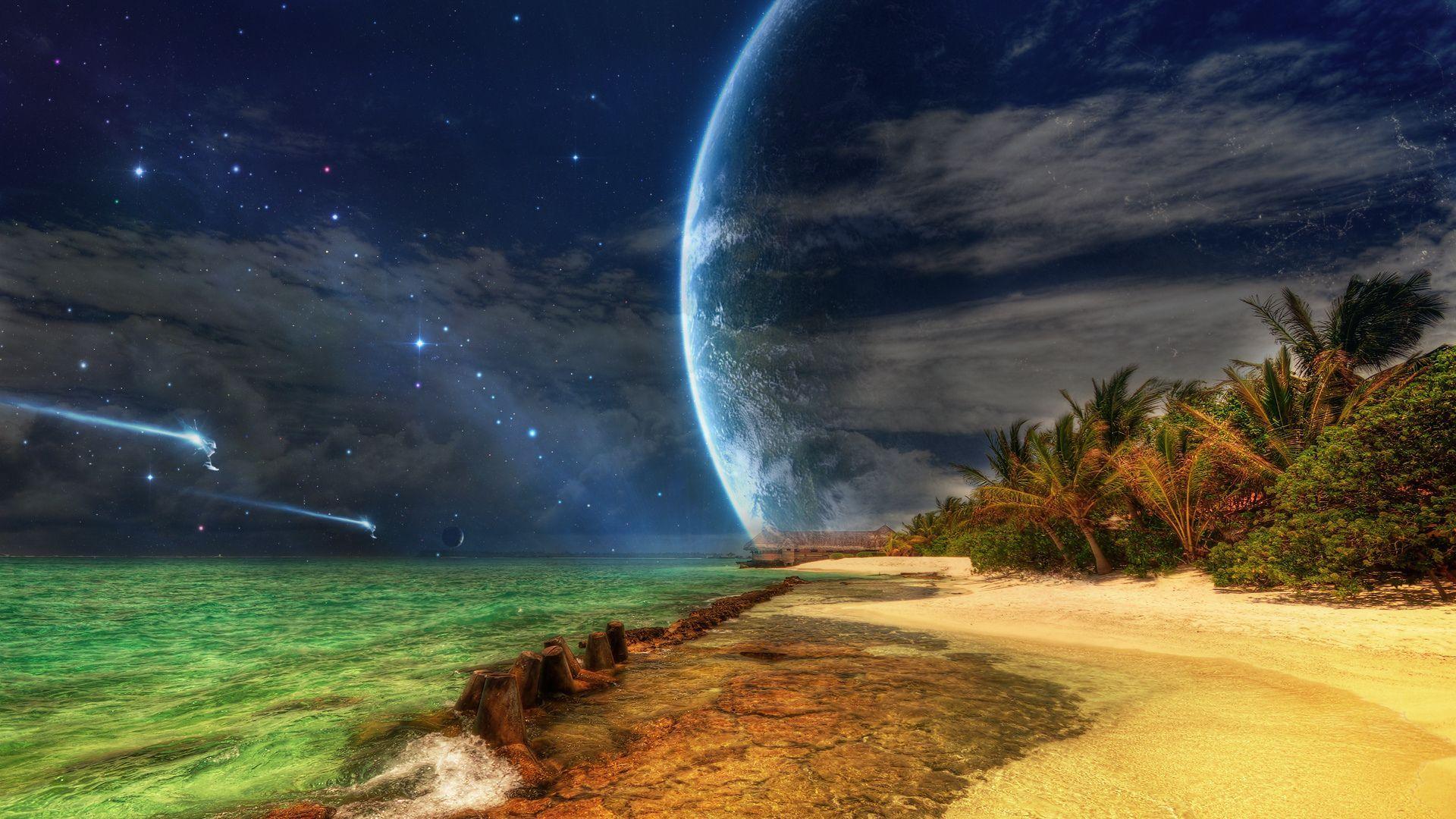 Spaceships approaching tropical island HD wallpaper. HD Latest