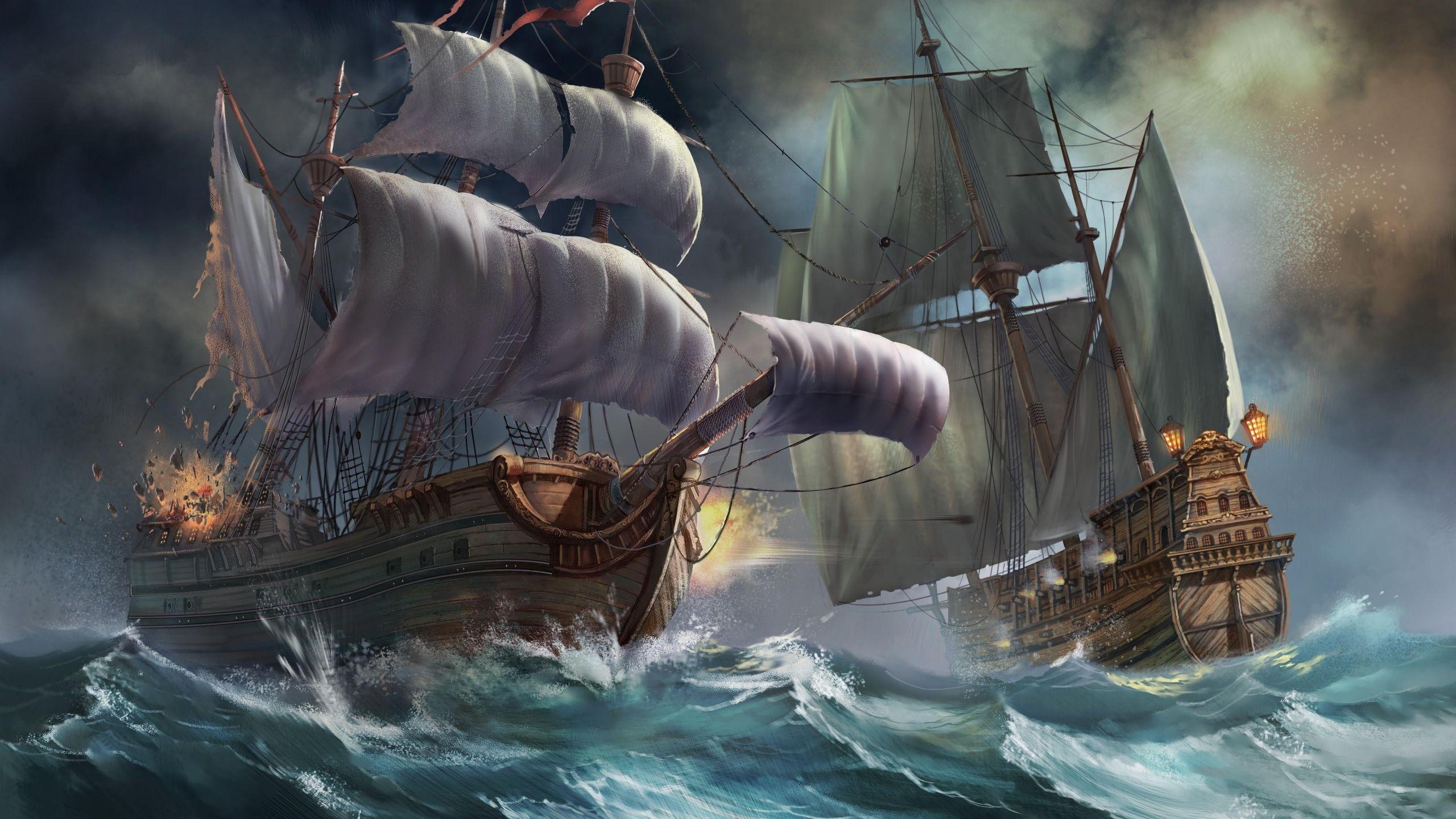 Download Wallpaper 2560x1440 Ships, Sea, Storm, Explosion Mac iMac 27 HD Background. Sailing ships, Sailing, Boat