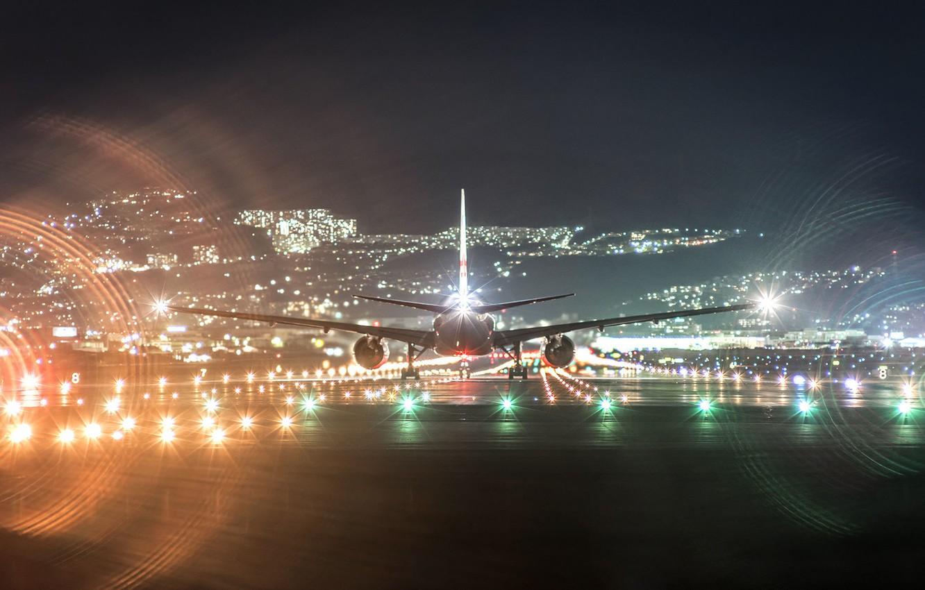 Wallpaper night, lights, airport, landing, Boeing