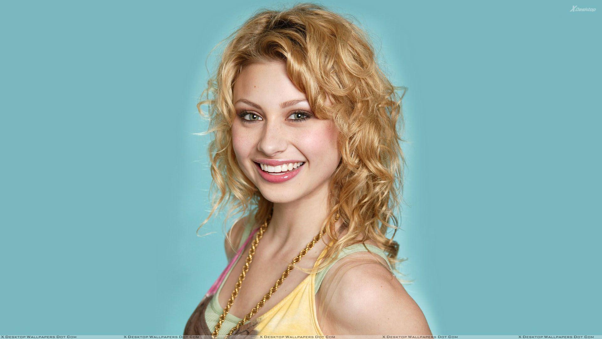 Aly Michalka Sweet Laughing Face N Blue Background Wallpaper