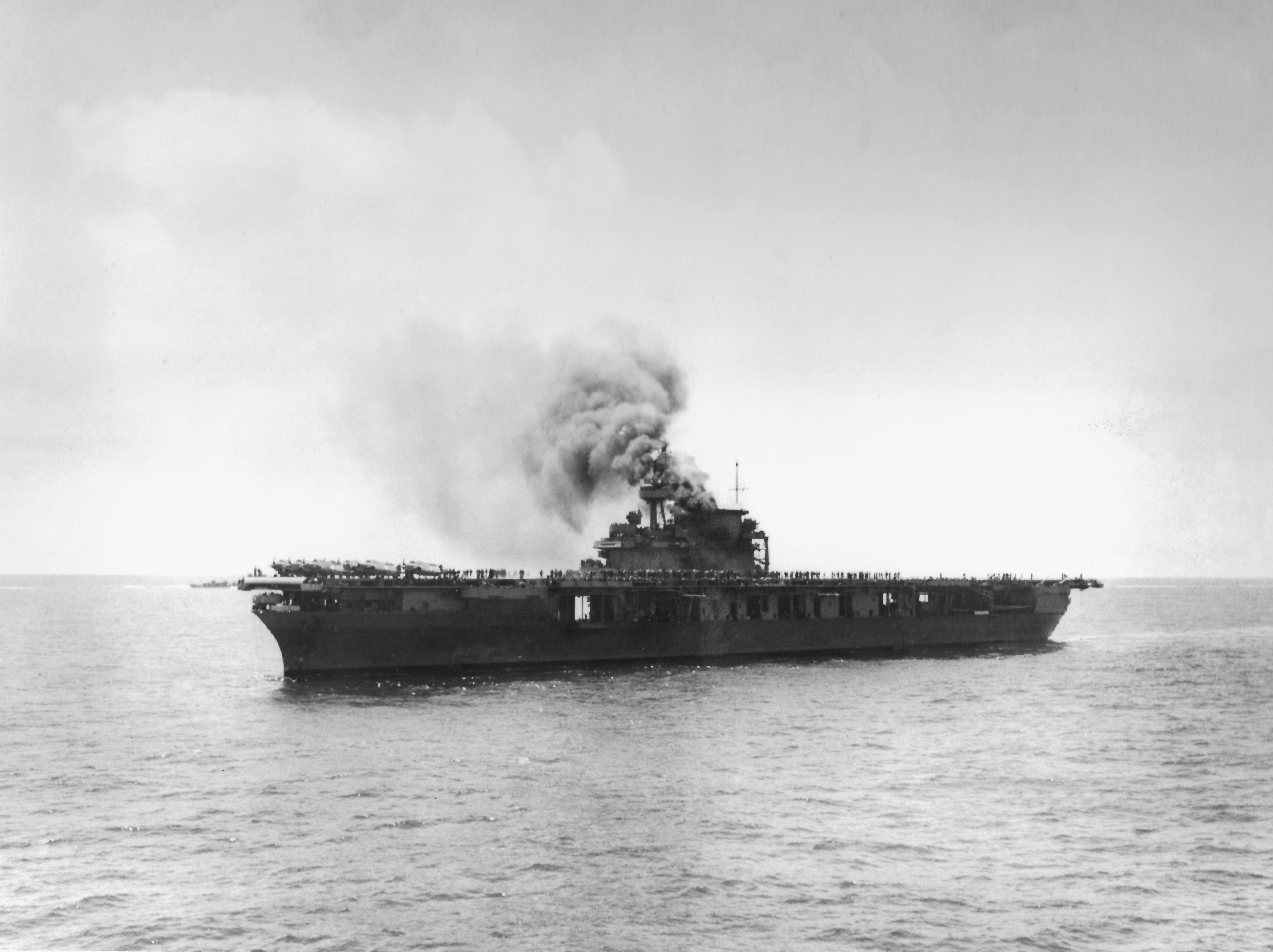 USS Yorktown (CV 5) Burning After First Japanese Attack At