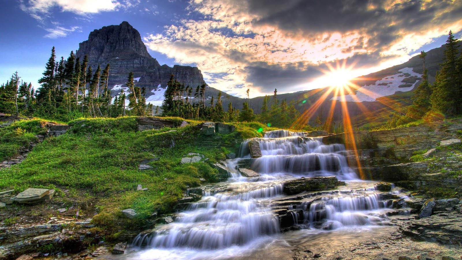 Beautiful Nature Wallpaper HD. Sun Shine Water Fall Flowing HD