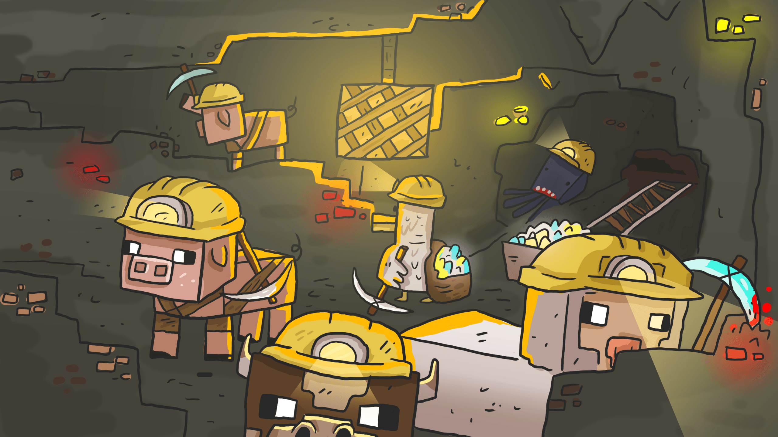 Minecraft draw dungeon Wallpaper with a mining Sheep, Cow, Squid