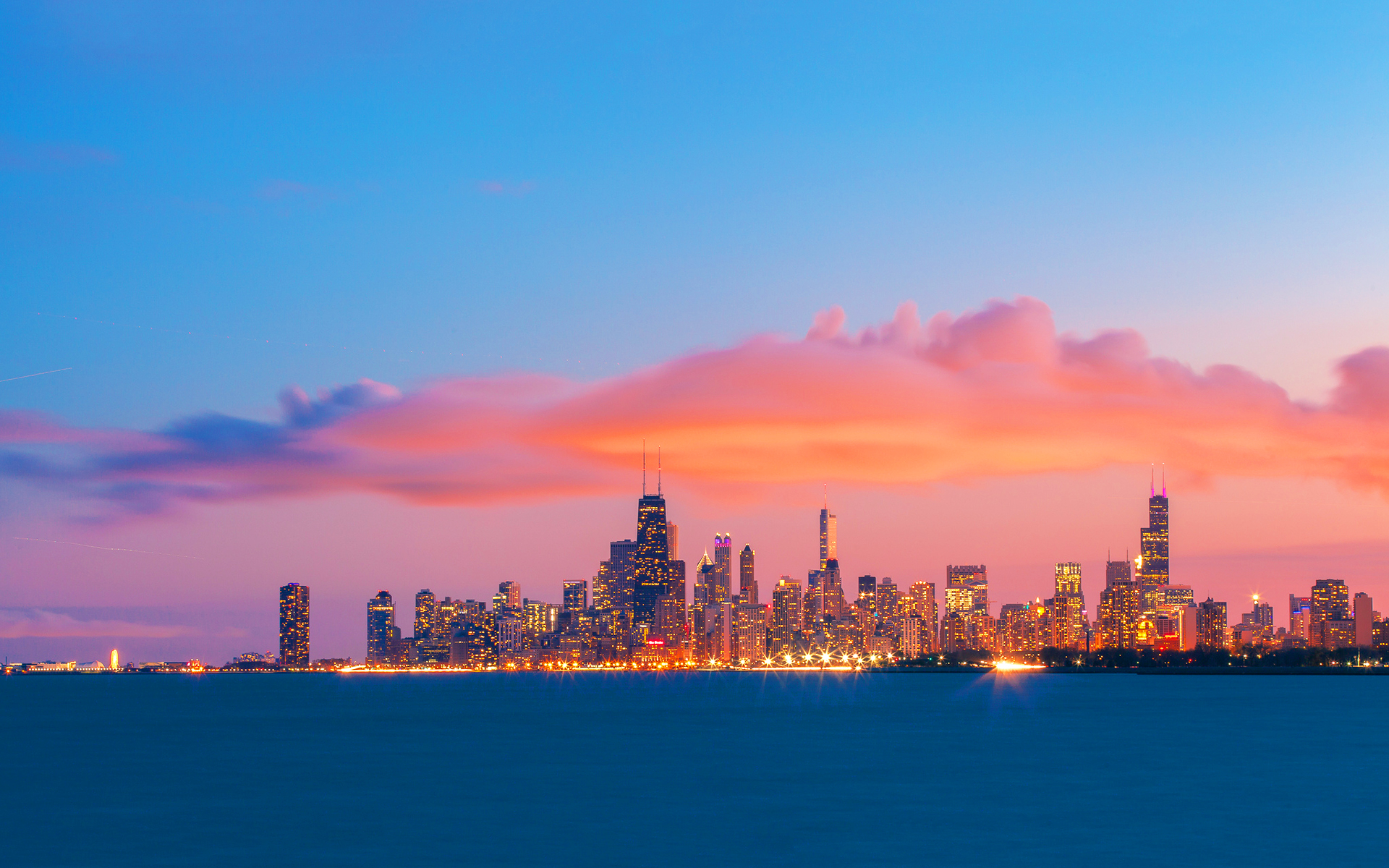 Chicago skyline evening sunset wallpaperx1200