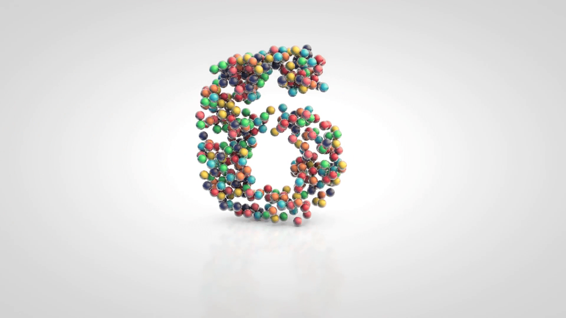 Number 6 with moving a swarm of glossy colorful 3D balls on a white