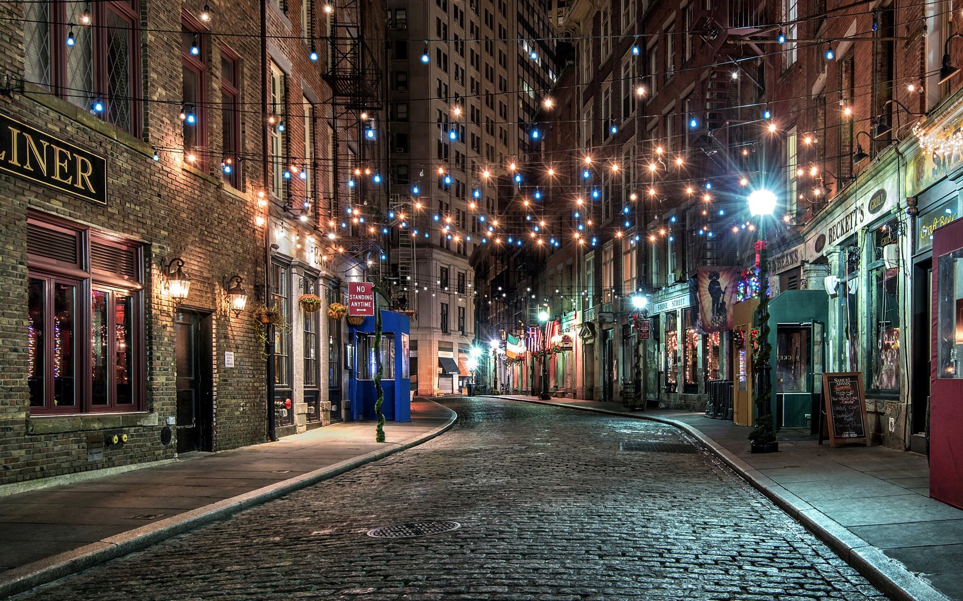 New York, old town, street, colorful lights, night, USA 640x1136