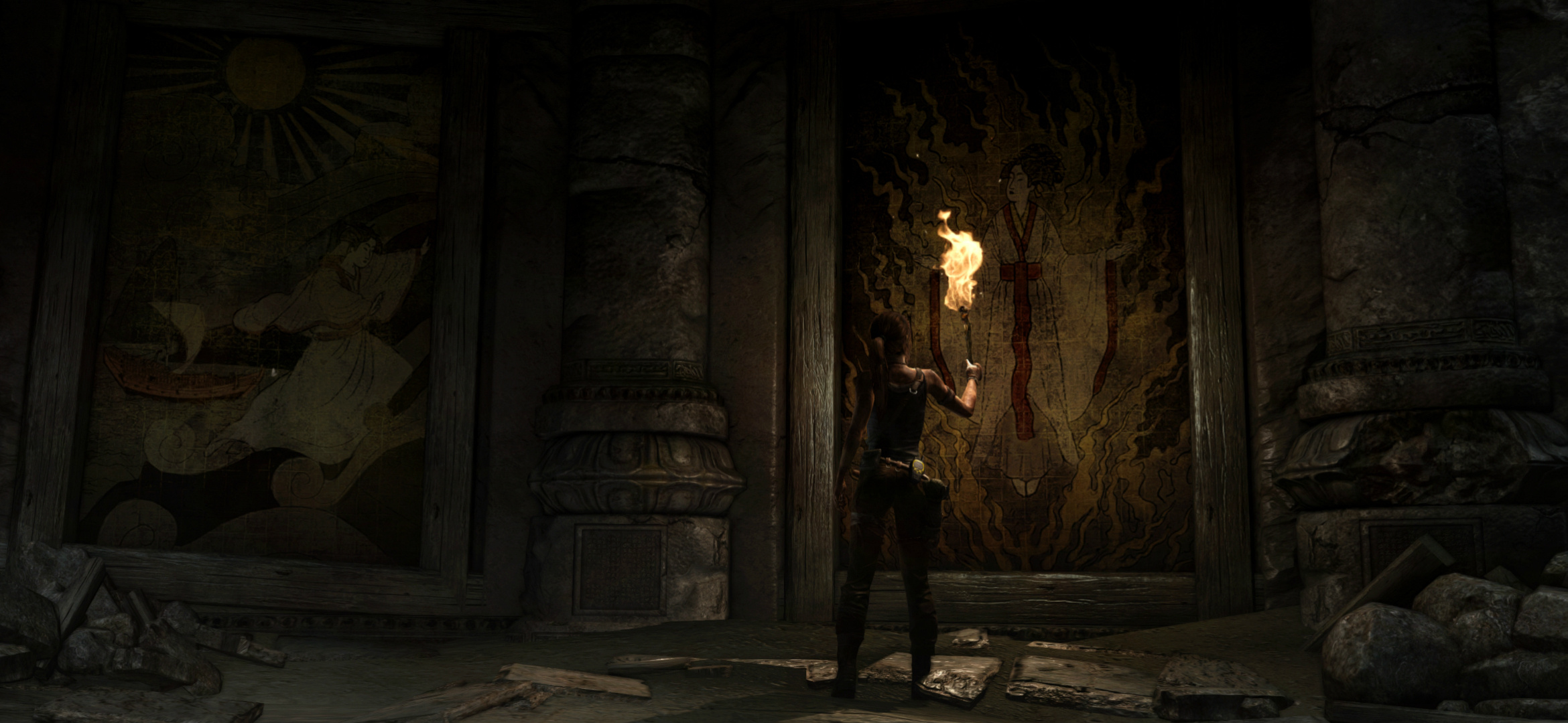 Download wallpaper torch, Tomb Raider, ruins, Lara Croft, murals