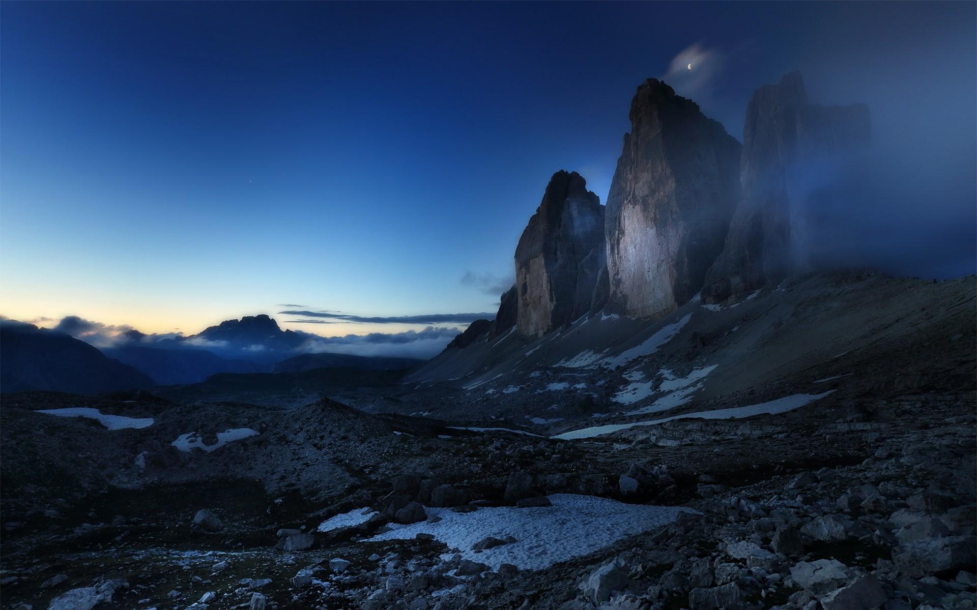 nature, Landscape, Blue, Mountain, Moon, Mist, Sunrise, Dolomites