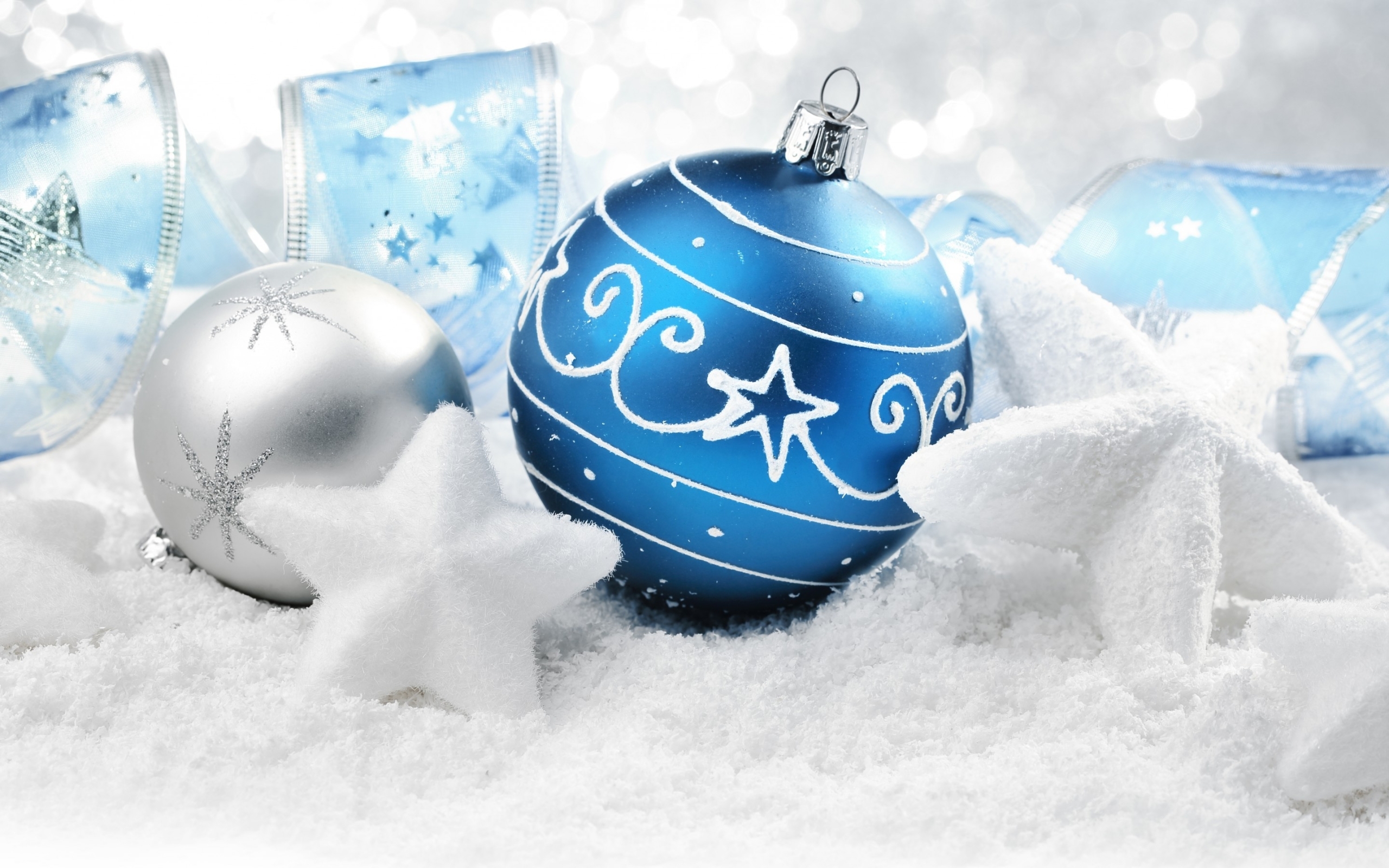 Blue and Silver Christmas Balls, Stars, Ribbon widescreen wallpaper