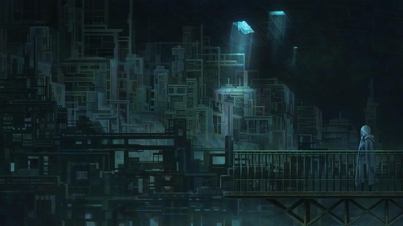 Download 1600x900 Anime Underground City, Industrial, Cape, Hoodie