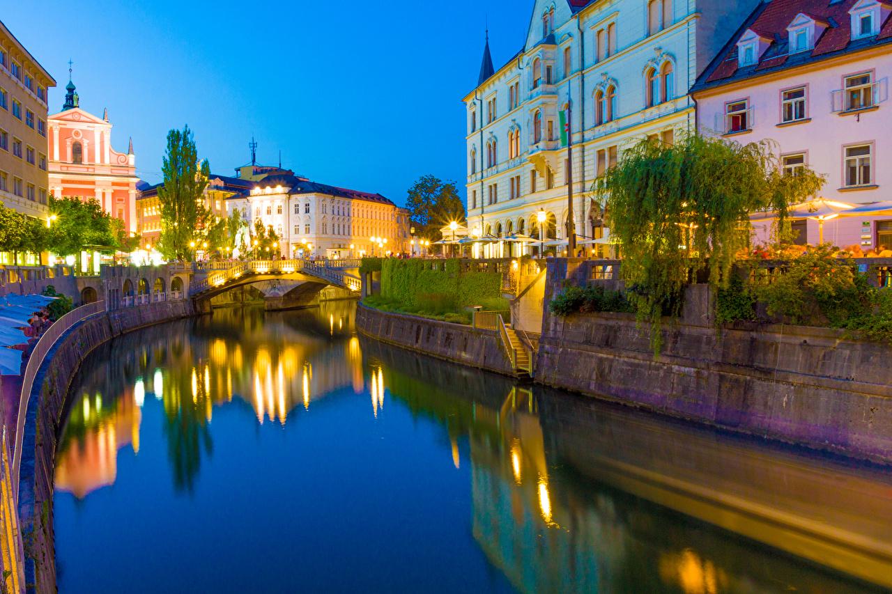 Wallpaper Ljubljana Slovenia Canal Evening Cities Houses