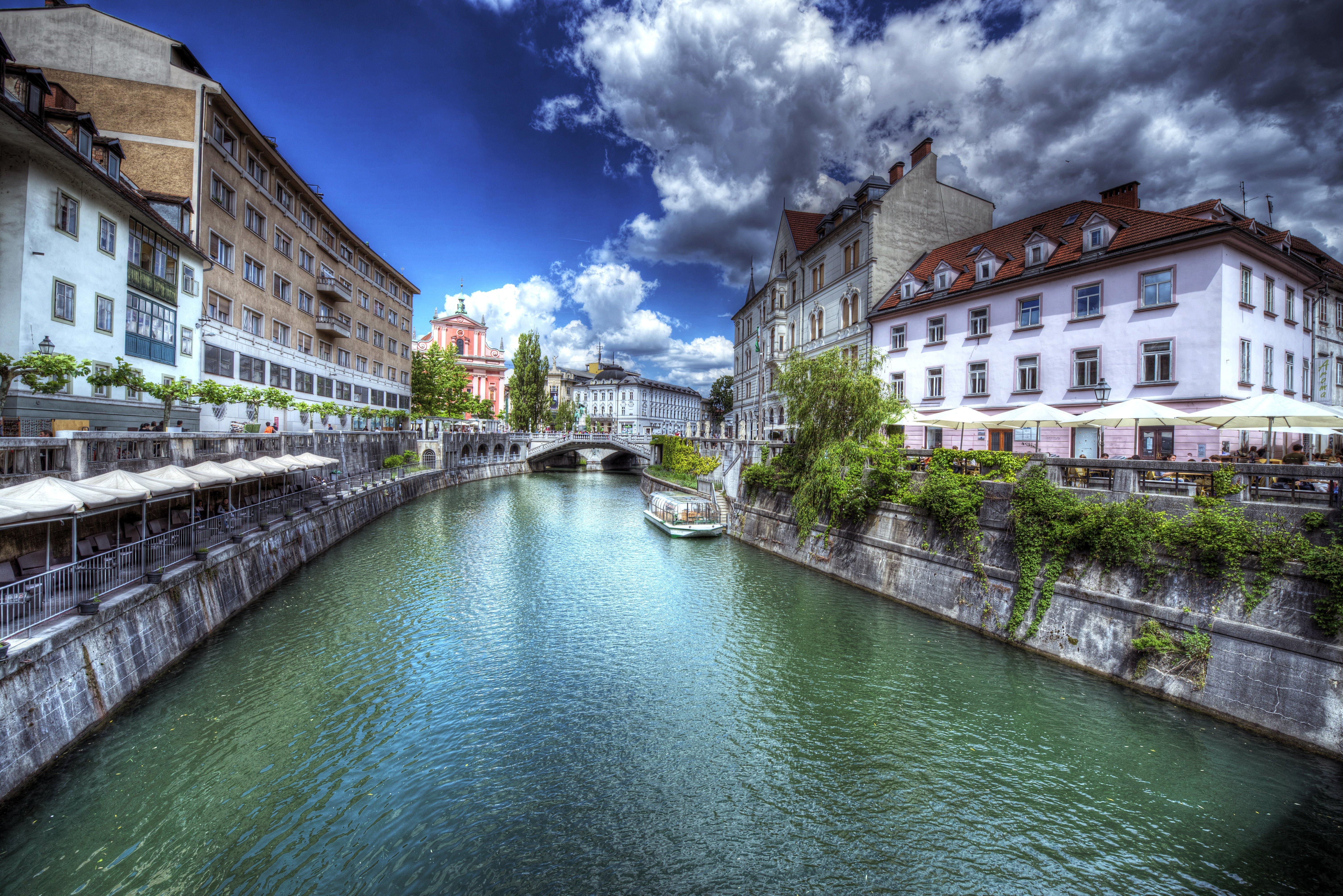 Slovenia Houses HDR Canal Clouds Ljubljana Cities wallpaper
