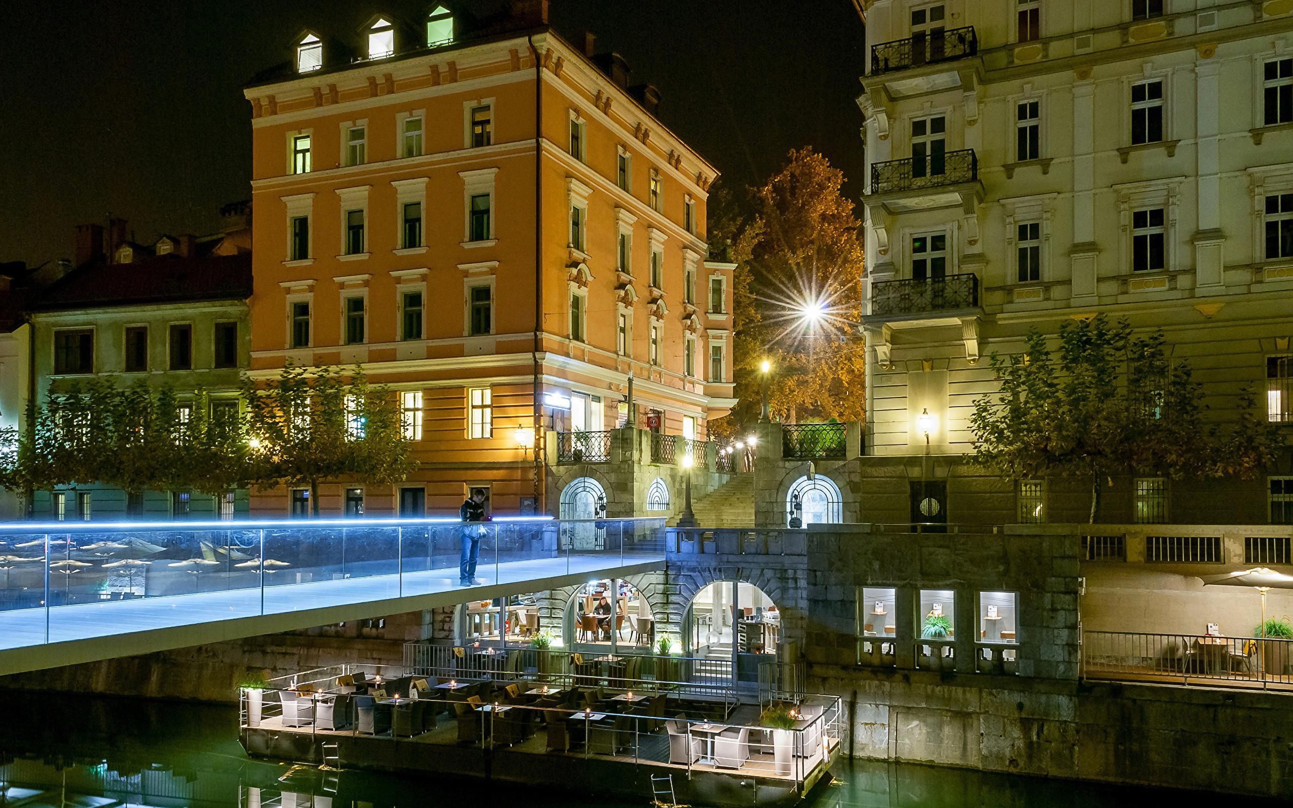 Wallpaper Ljubljana Slovenia Bridges Night Street lights 2560x1600