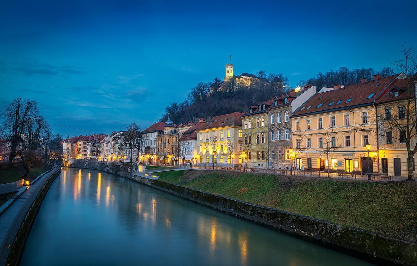Wallpaper lights, river, the evening, Slovenia, Ljubljana image