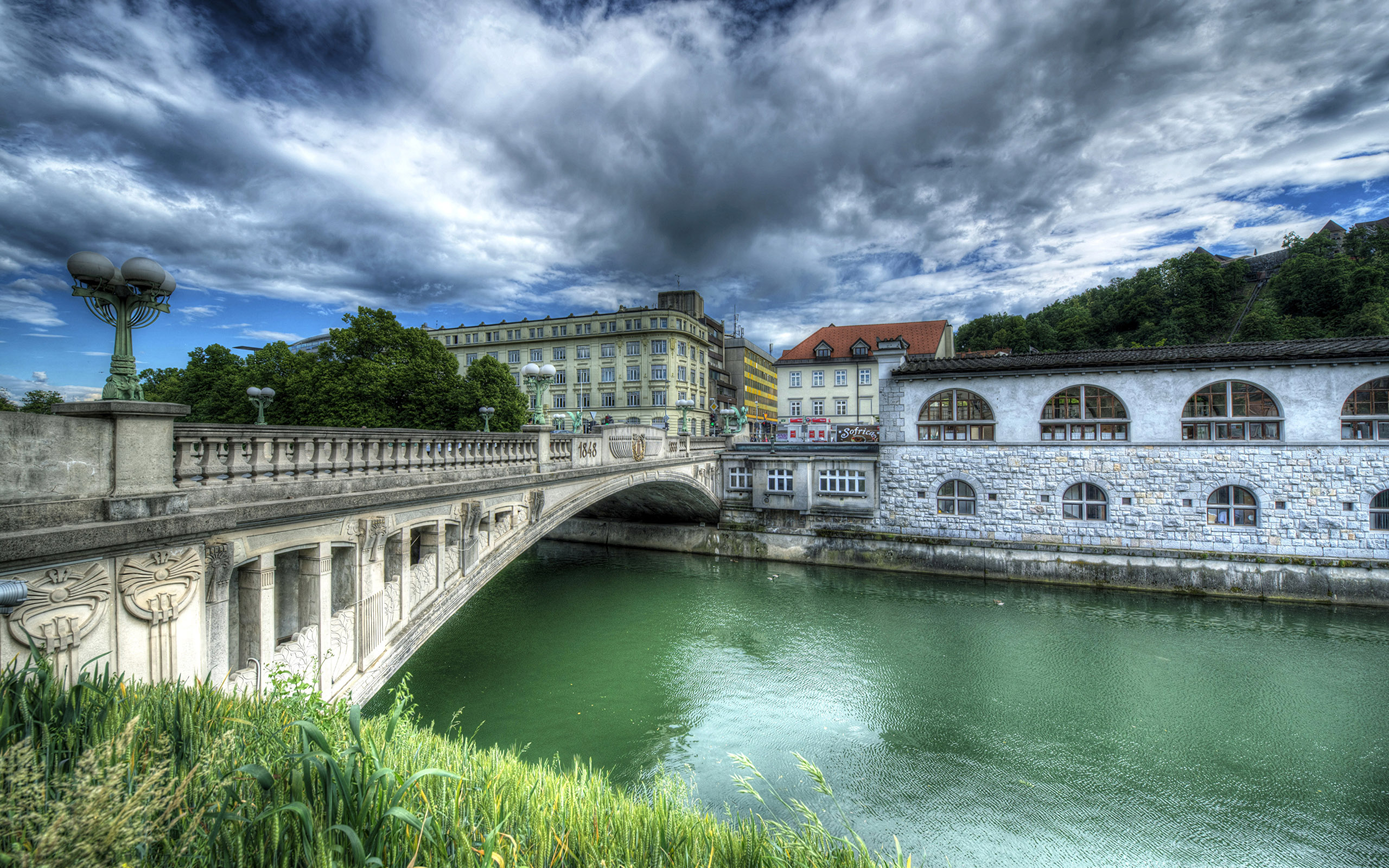 Slovenia Cities Ljubljana Rivers Bridges Houses Sky Beautiful