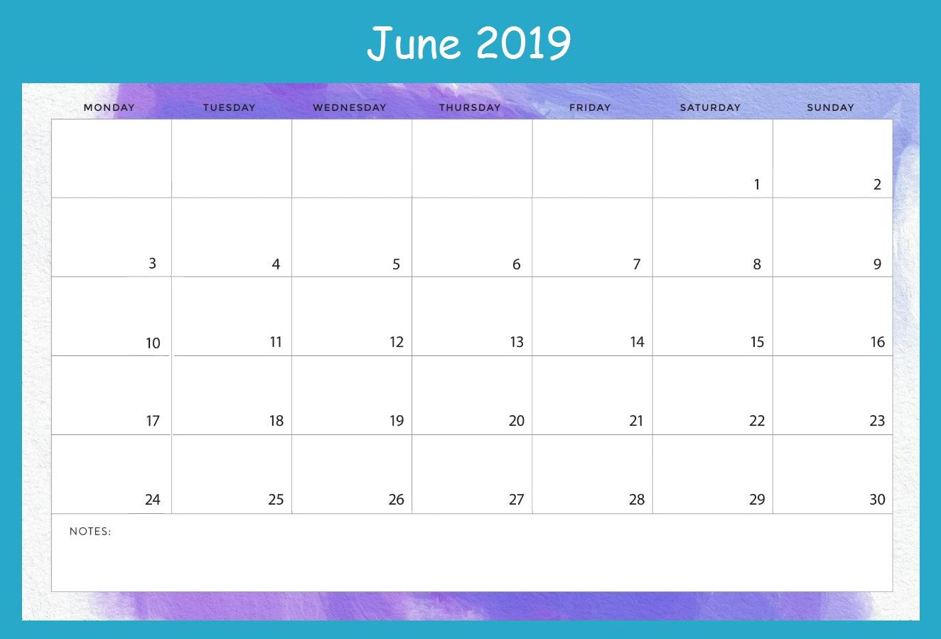 Monthly June 2019 Calendar Printable in PDF Word Excel Notes