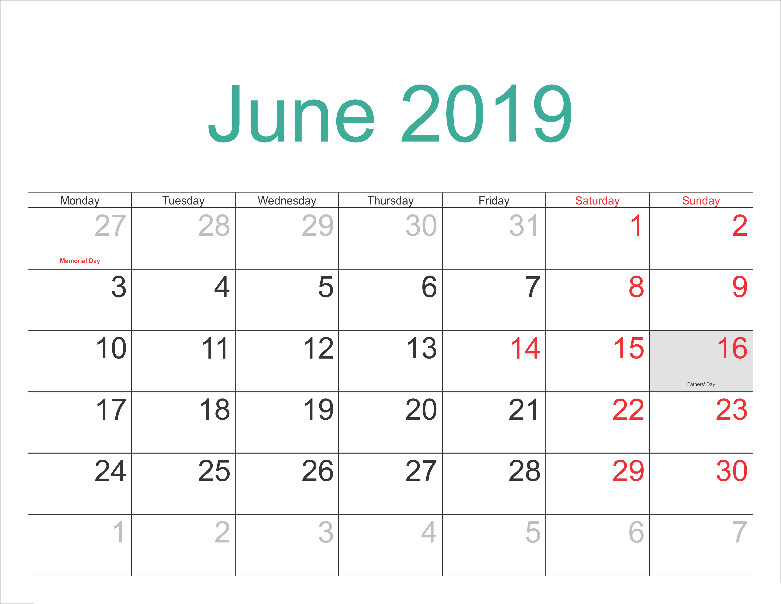 India Calendar 2019 With When Is The Fathers Day In Public Holidays