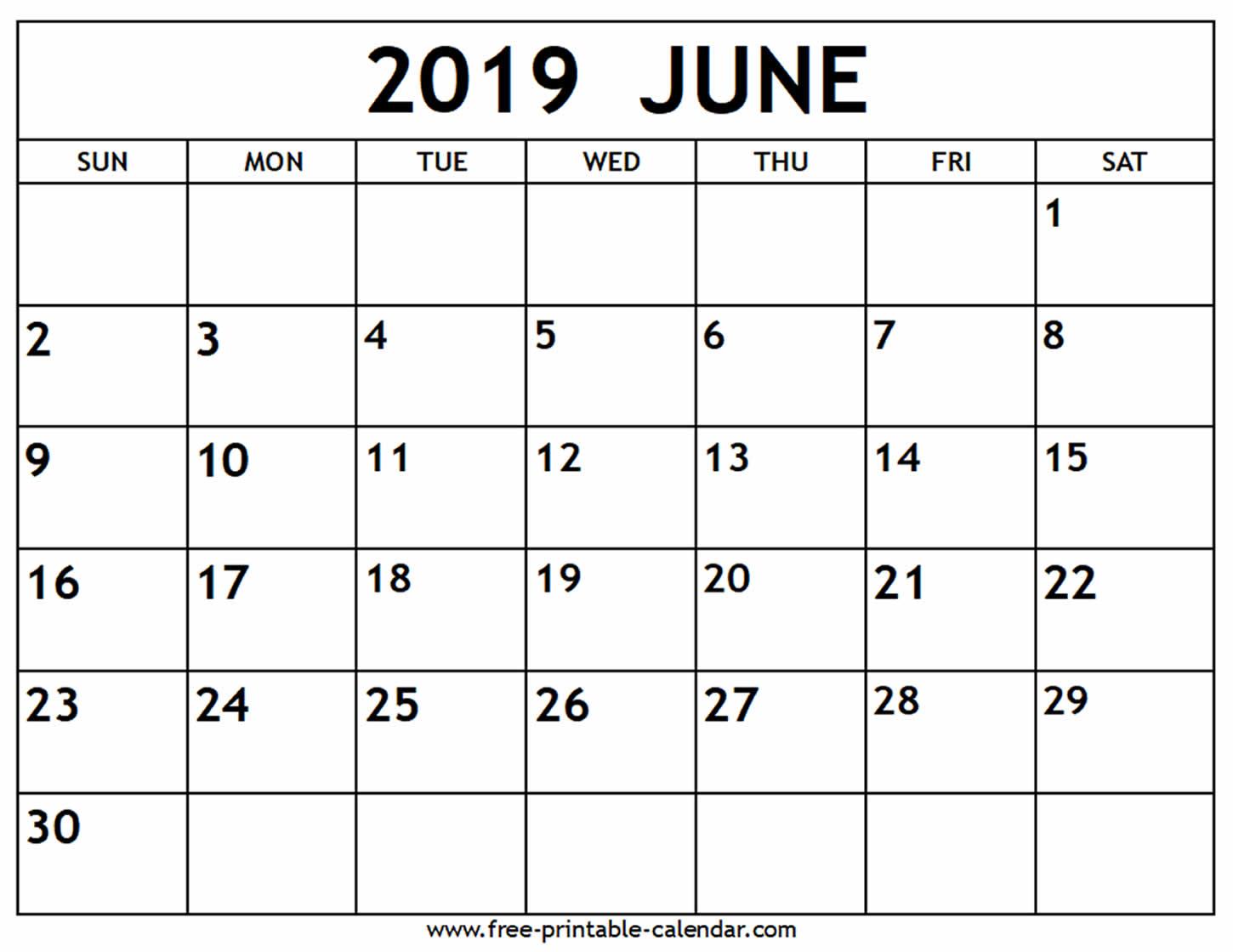 Calendar of June 2019 Printable Monthly June 2019