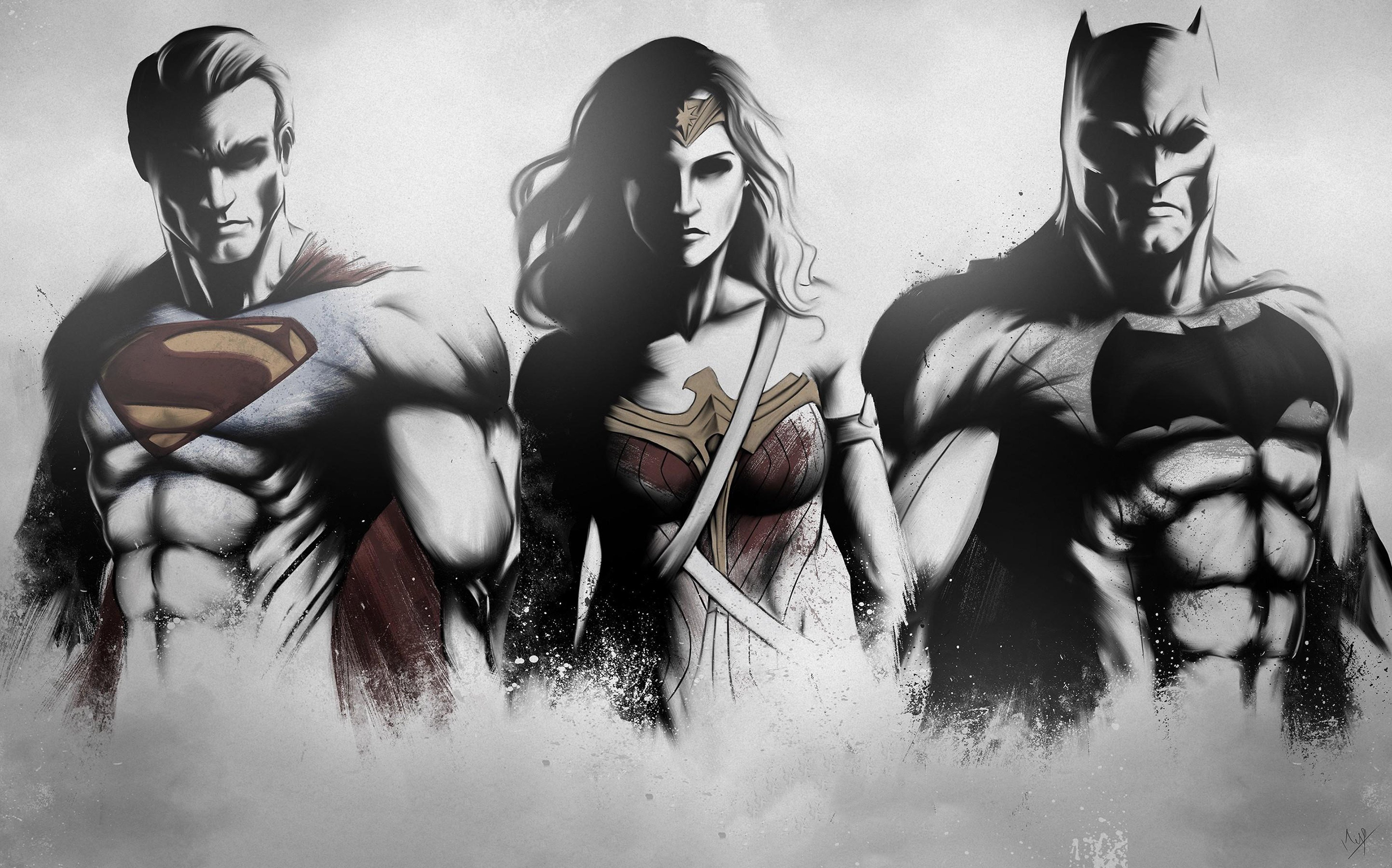 Superman Wonder Woman Batman Art Sketch 4k, HD Superheroes, 4k