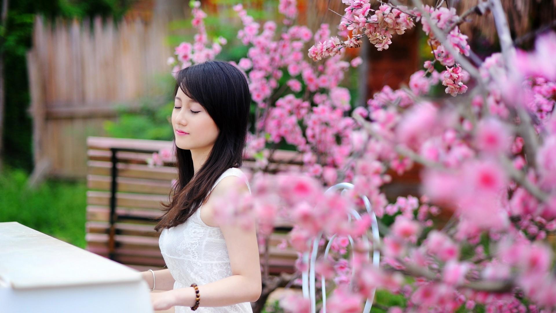Full HD Wallpaper japanese girl piano garden sakura, Desktop