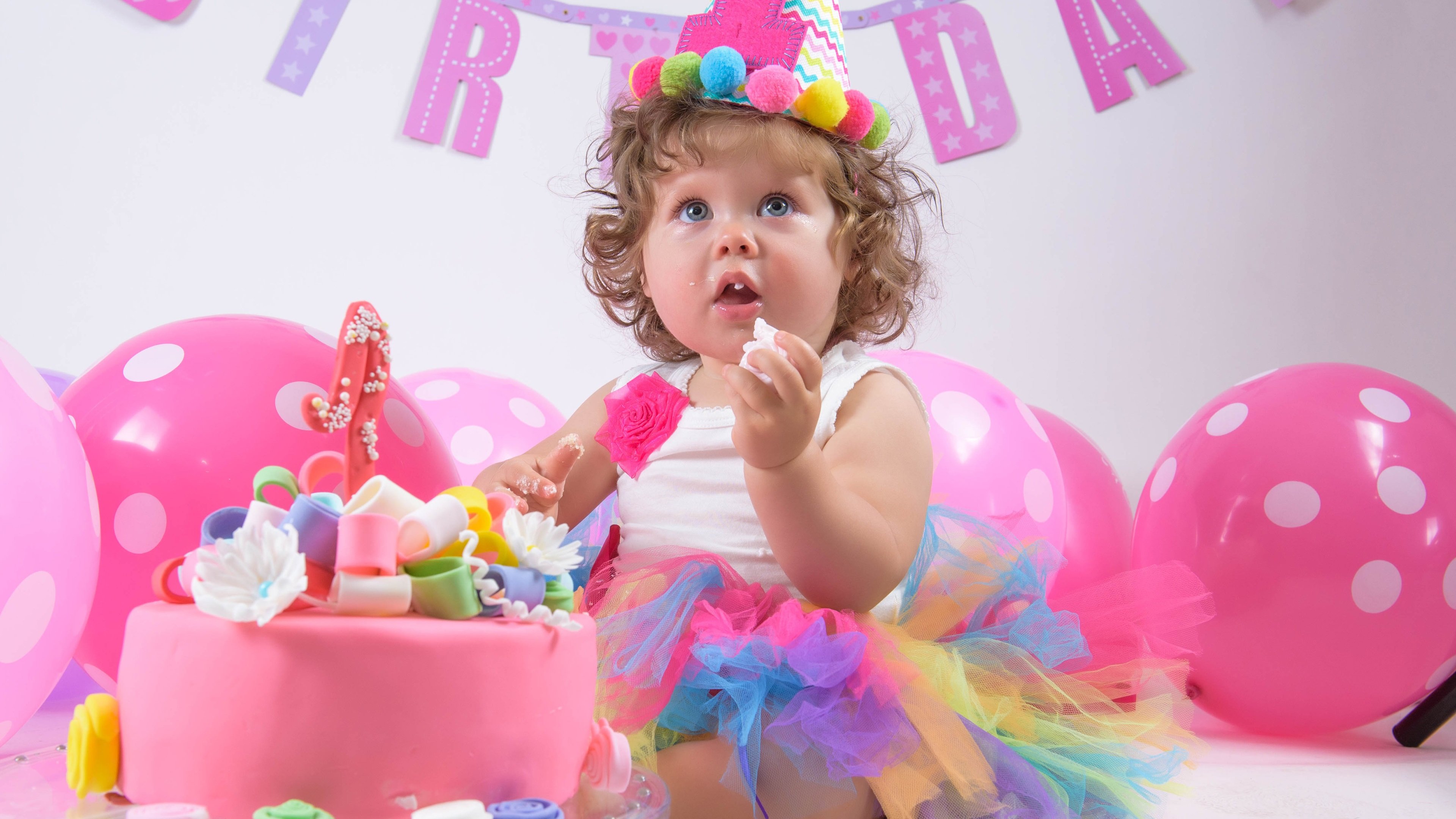 Wallpaper Happy Birthday, child girl, cake, balloons 3840x2160 UHD
