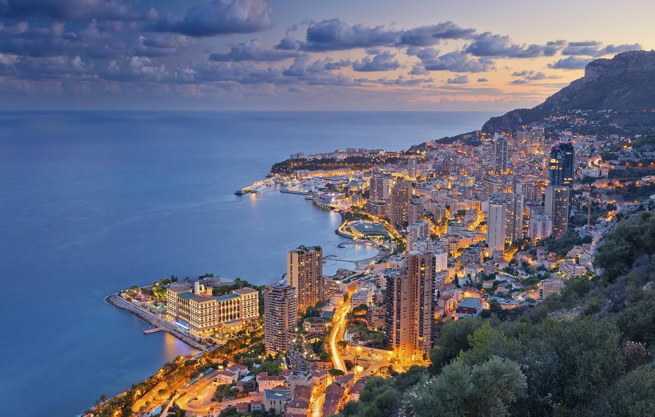 Wallpaper sea, coast, panorama, night city, Monaco, The Ligurian sea